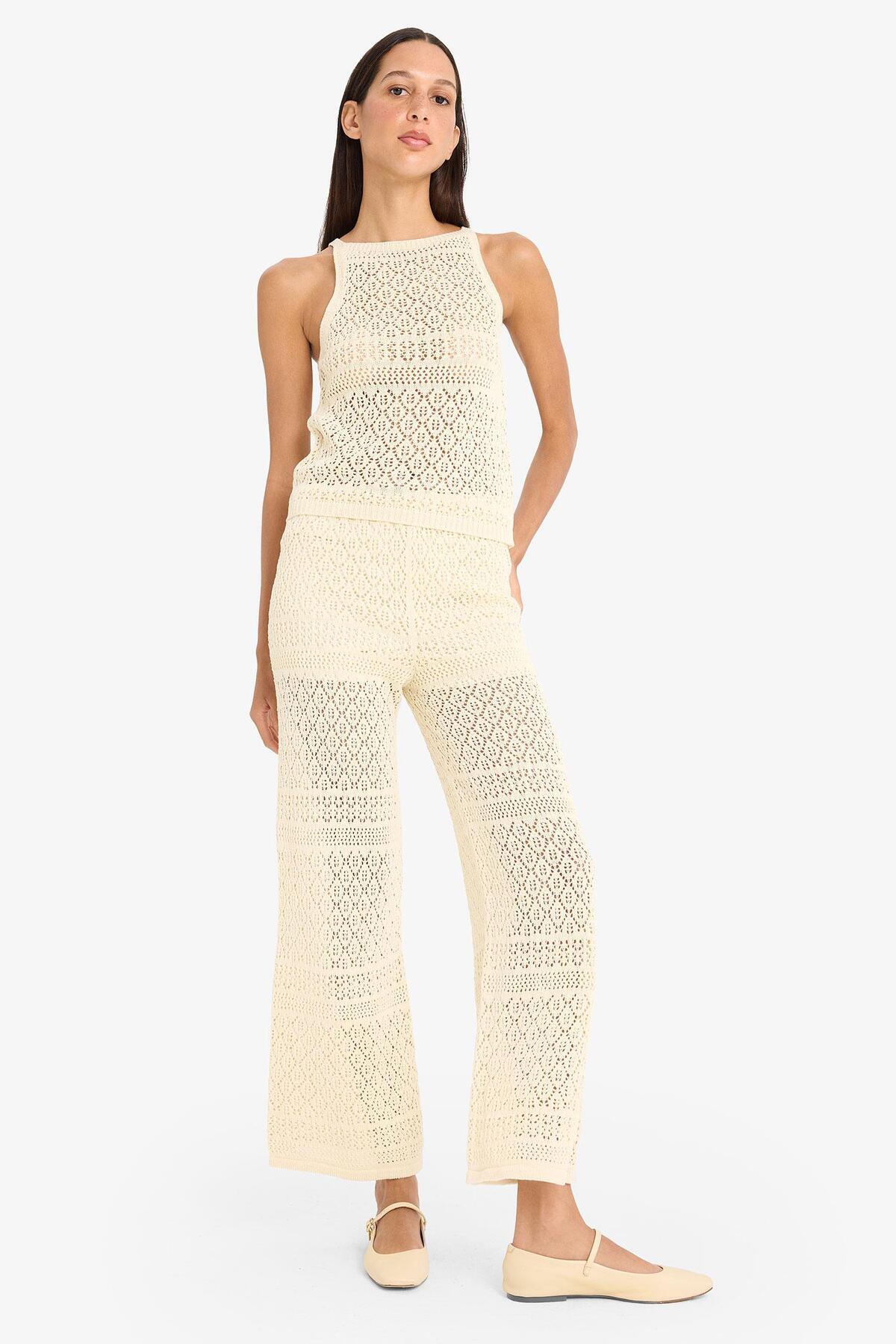 DeFacto-Wide Leg Wide Leg Openwork Knitwear Trousers F3777Ax25Sm 2