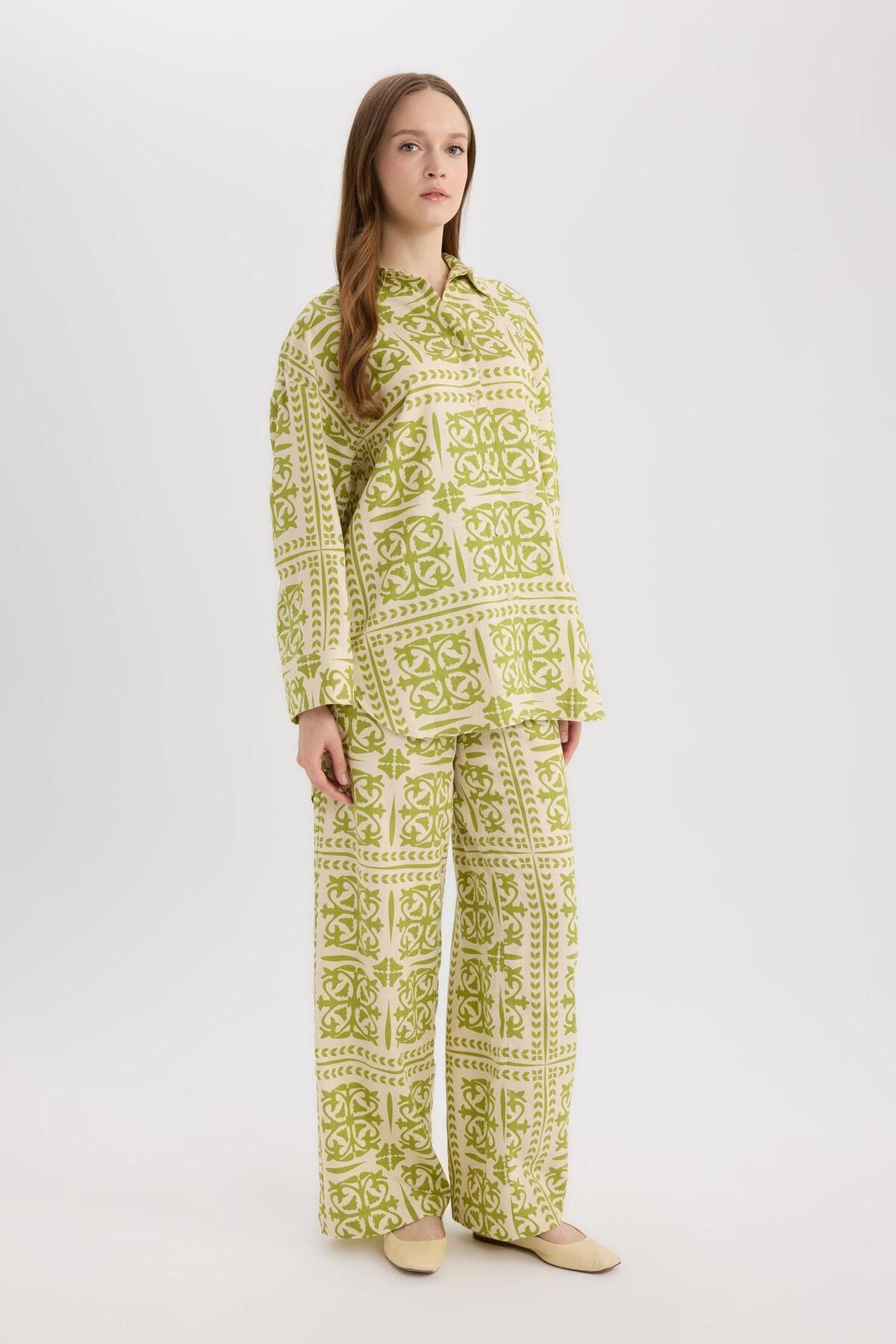DeFacto-Wide Leg Patterned Elastic Waist Linen Blend Wide Leg Pants D8188Ax25Sp 2