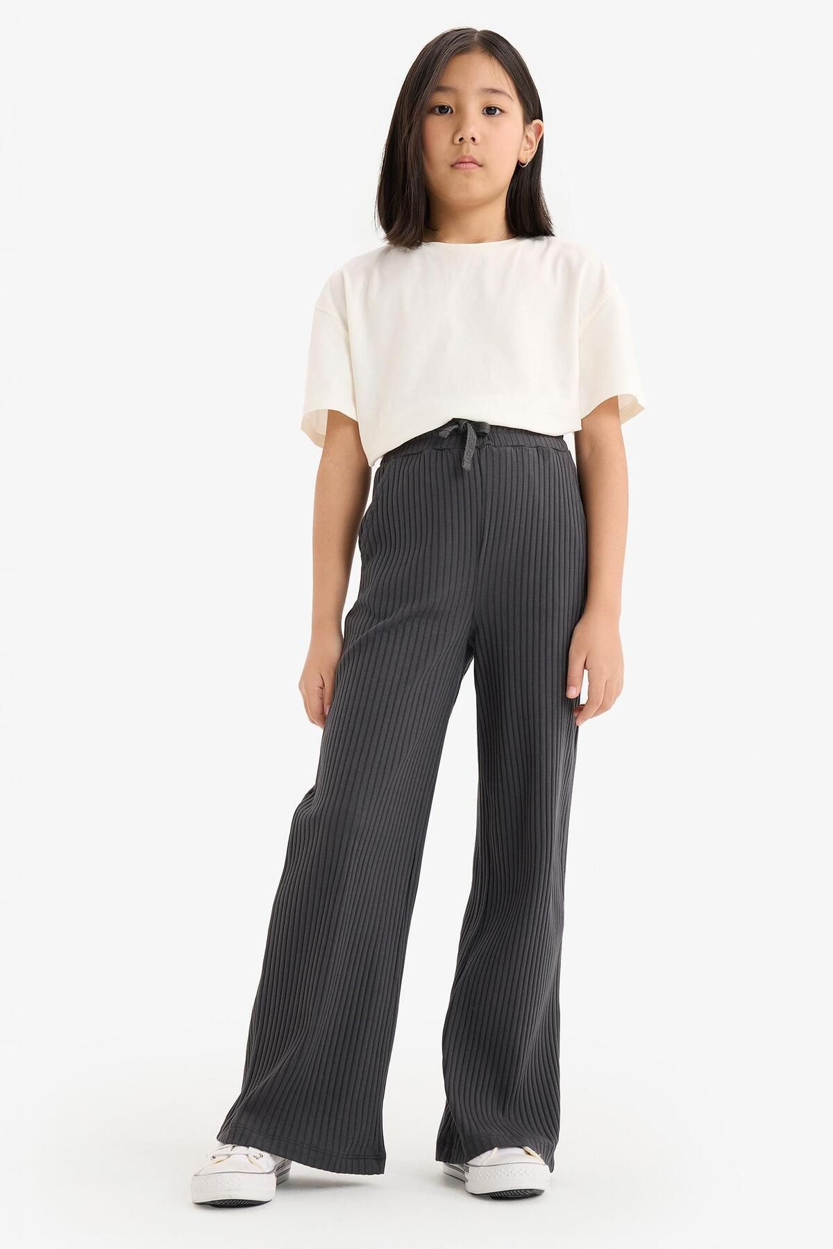 DeFacto-Pantaloni cu picior lat pentru fete, cu talie elastică, cu nervuri, cu picioare largi E1836A825SM 3