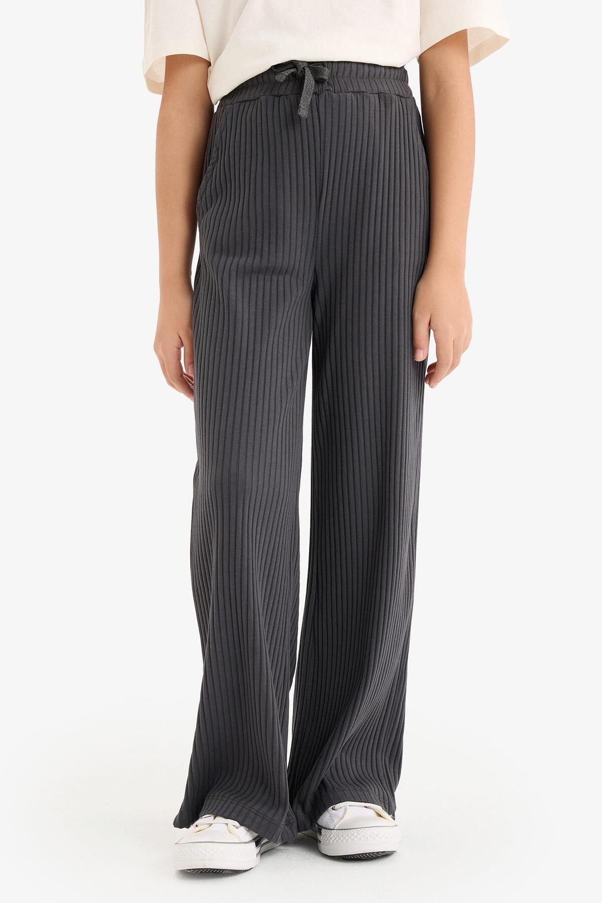 DeFacto-Pantaloni cu picior lat pentru fete, cu talie elastică, cu nervuri, cu picioare largi E1836A825SM 4