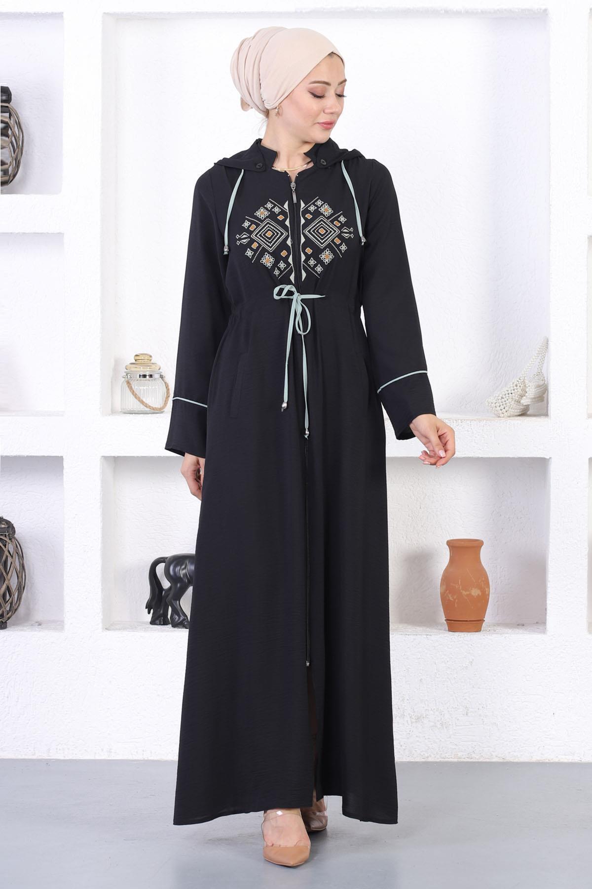 Modamihram-Embroidered Hooded Abaya Mint 12210 3