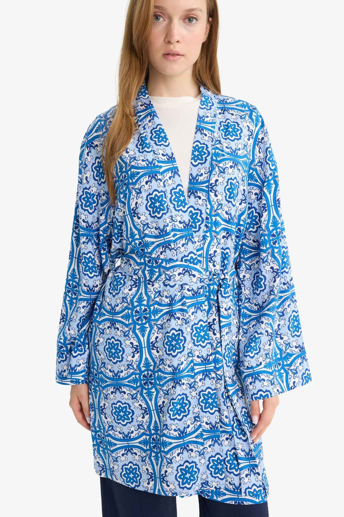 Relax Fit Bisiklet Yaka Desenli Viskon Kimono E7262AX25SM