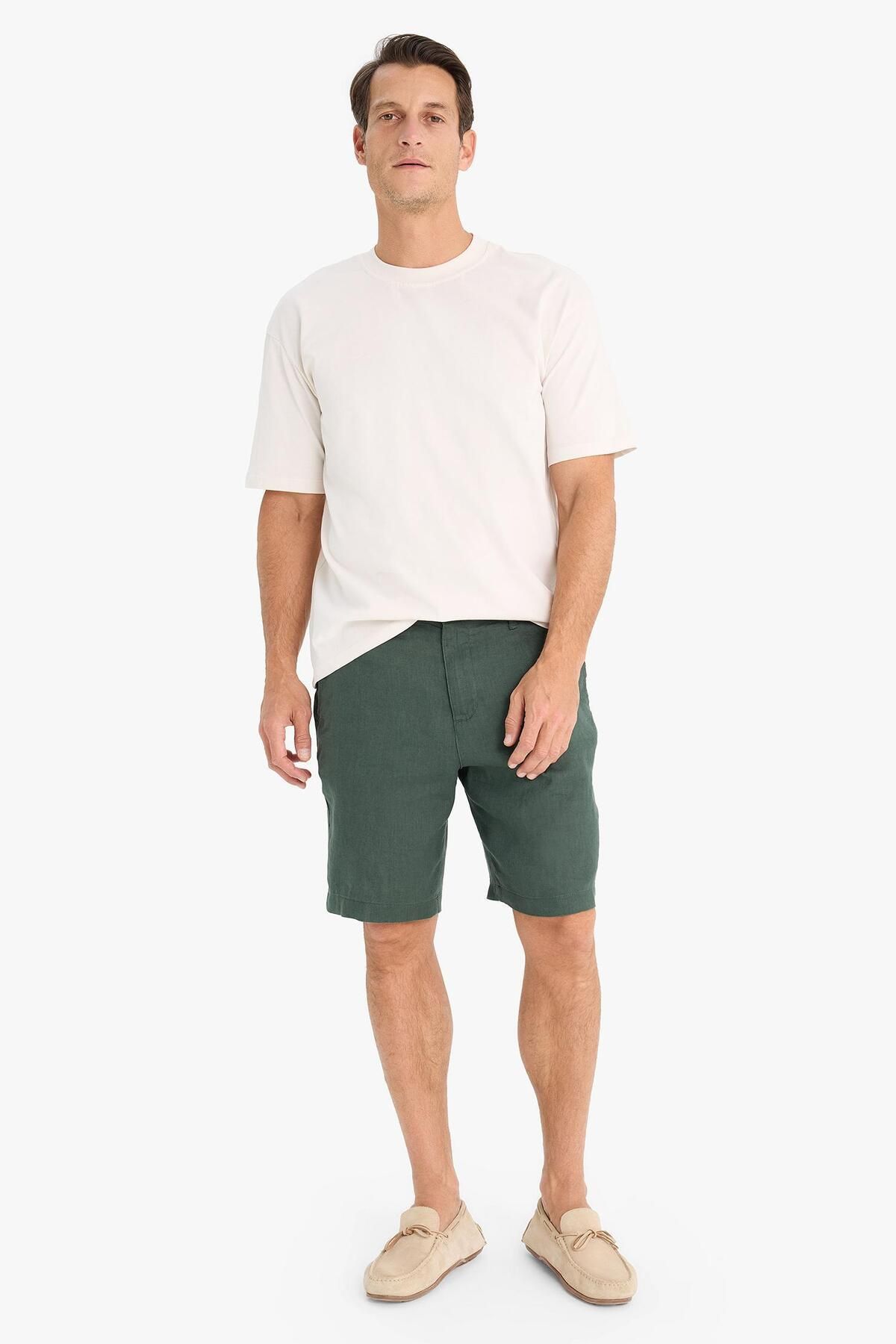 DeFacto-100% Linen Regular Fit Summer Bermuda Shorts D9931Ax25Sm 3