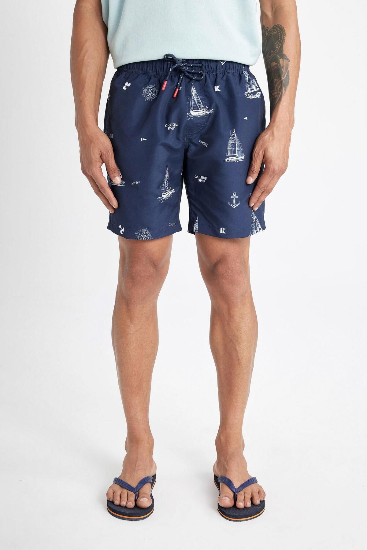 DeFacto-Regular Fit Patterned Mesh Lined Short Length Swim Shorts M8344Az23Hs 4