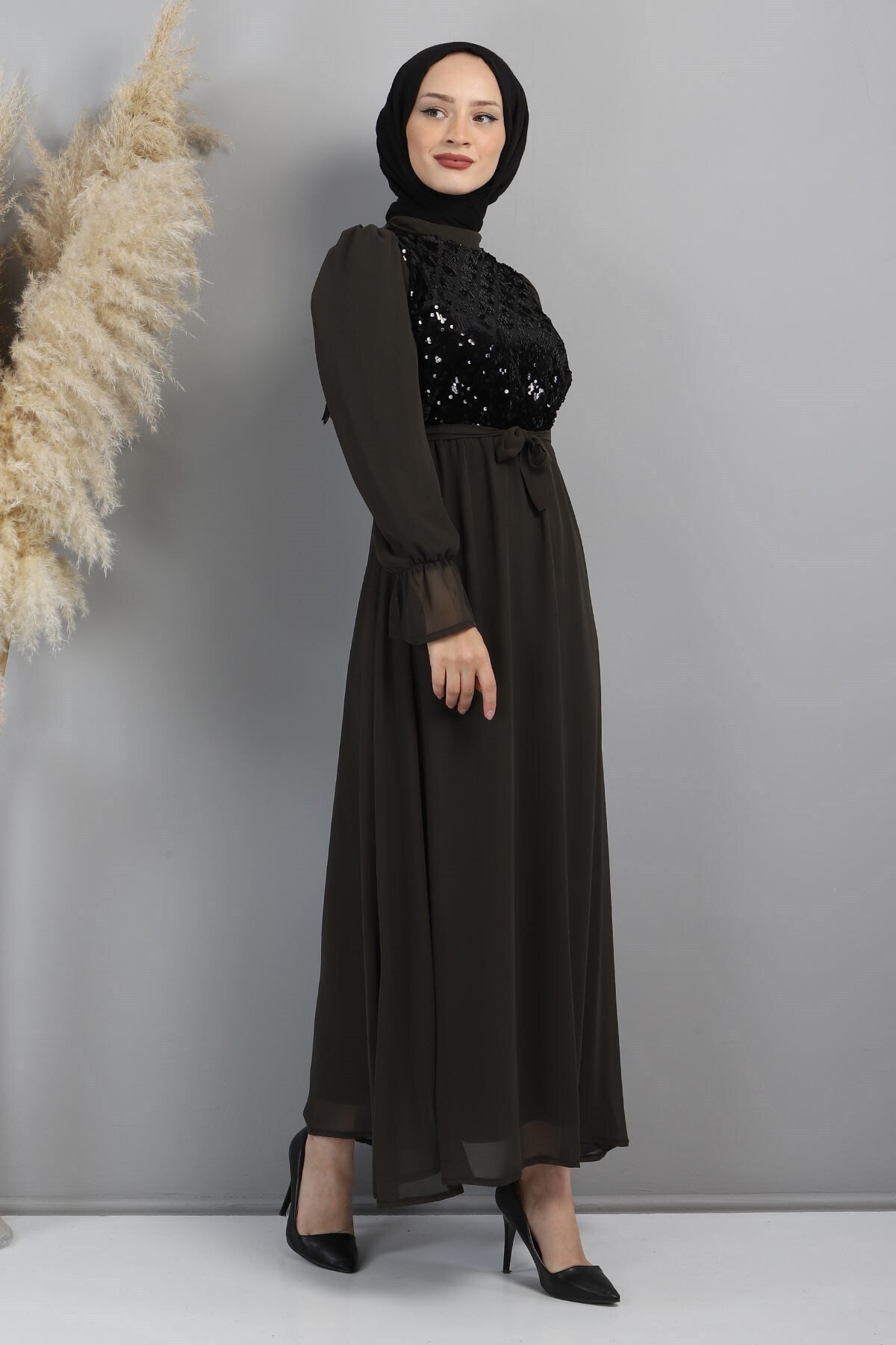 Modamihram-Flitteres sifon estélyi ruha Khaki 15600 4