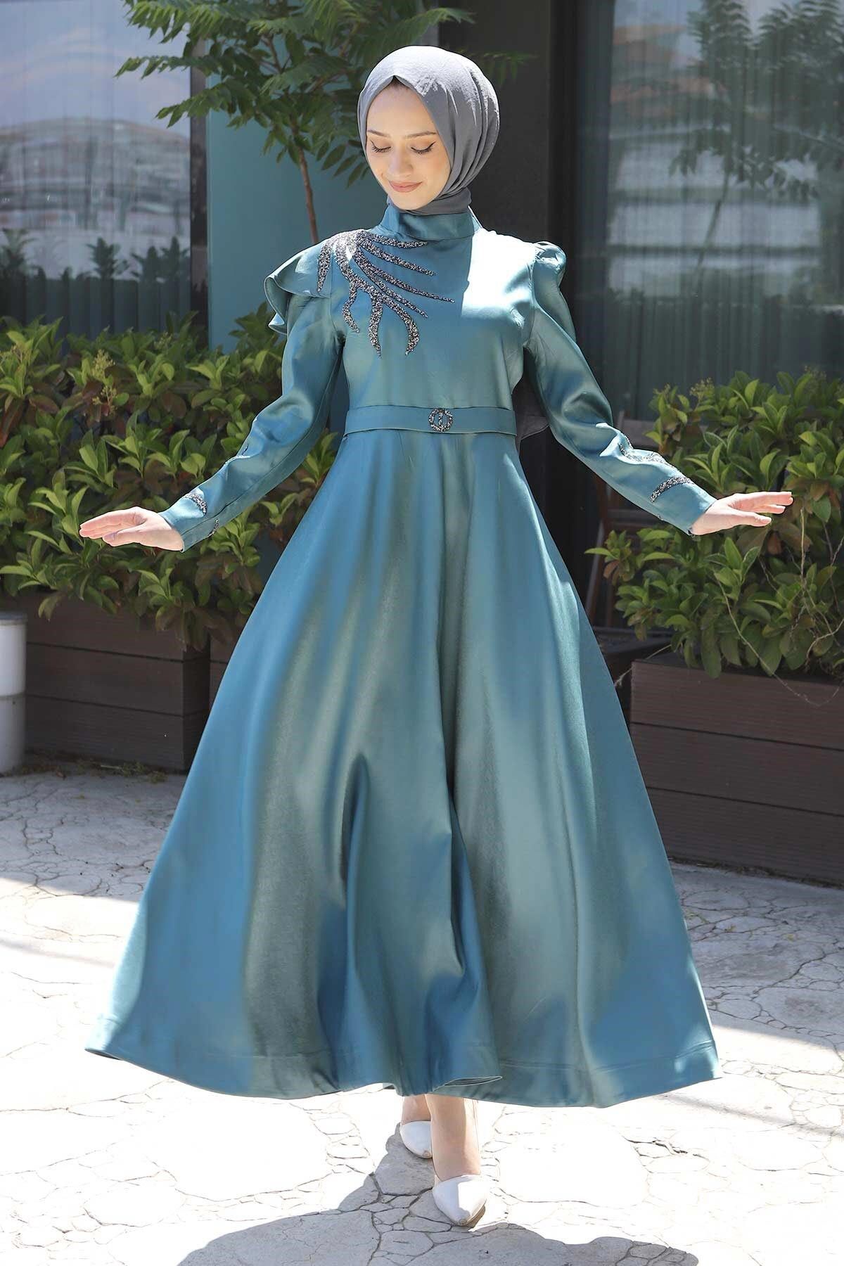 Modamihram-Abendkleid mit Stoned Burnout-Muster Mint 11403 3