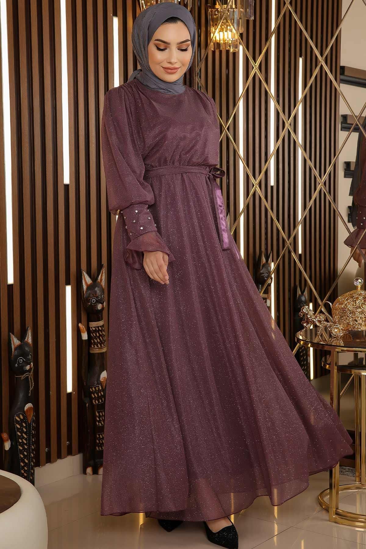 Modamihram-Steindetailliertes, glitzerndes Chiffon-Abendkleid Dusty Rose 19113 3