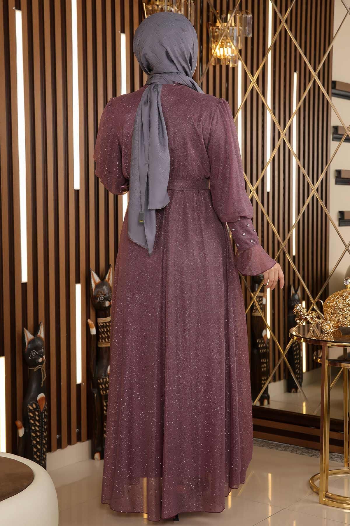 Modamihram-Steindetailliertes, glitzerndes Chiffon-Abendkleid Dusty Rose 19113 4