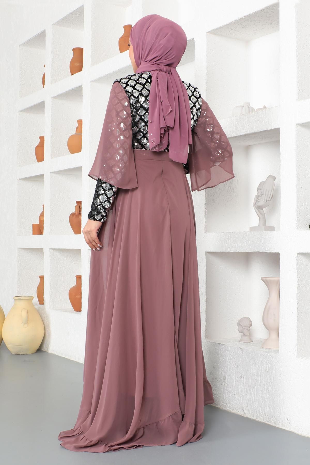 Modamihram-Sequined Chiffon Evening Dress Dusty Rose 19107 5
