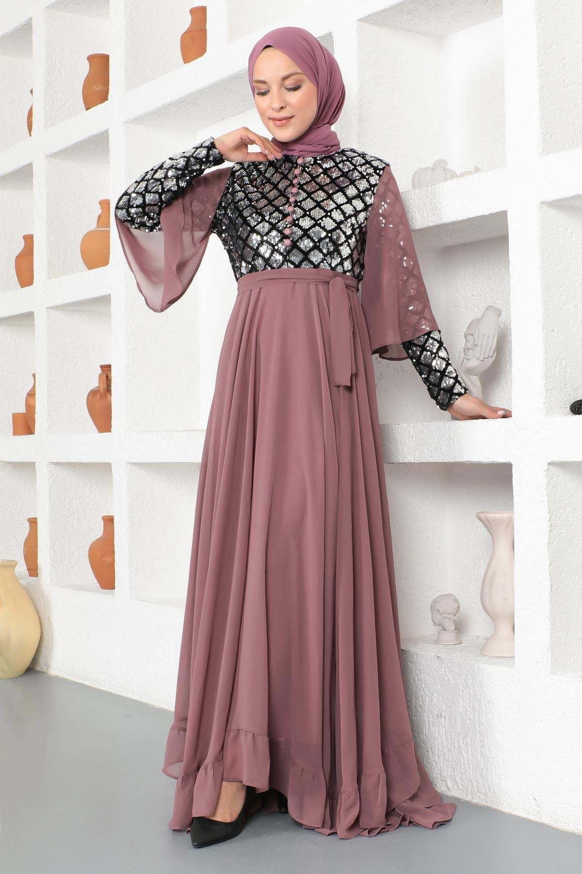 Modamihram-Sequined Chiffon Evening Dress Dusty Rose 19107 4