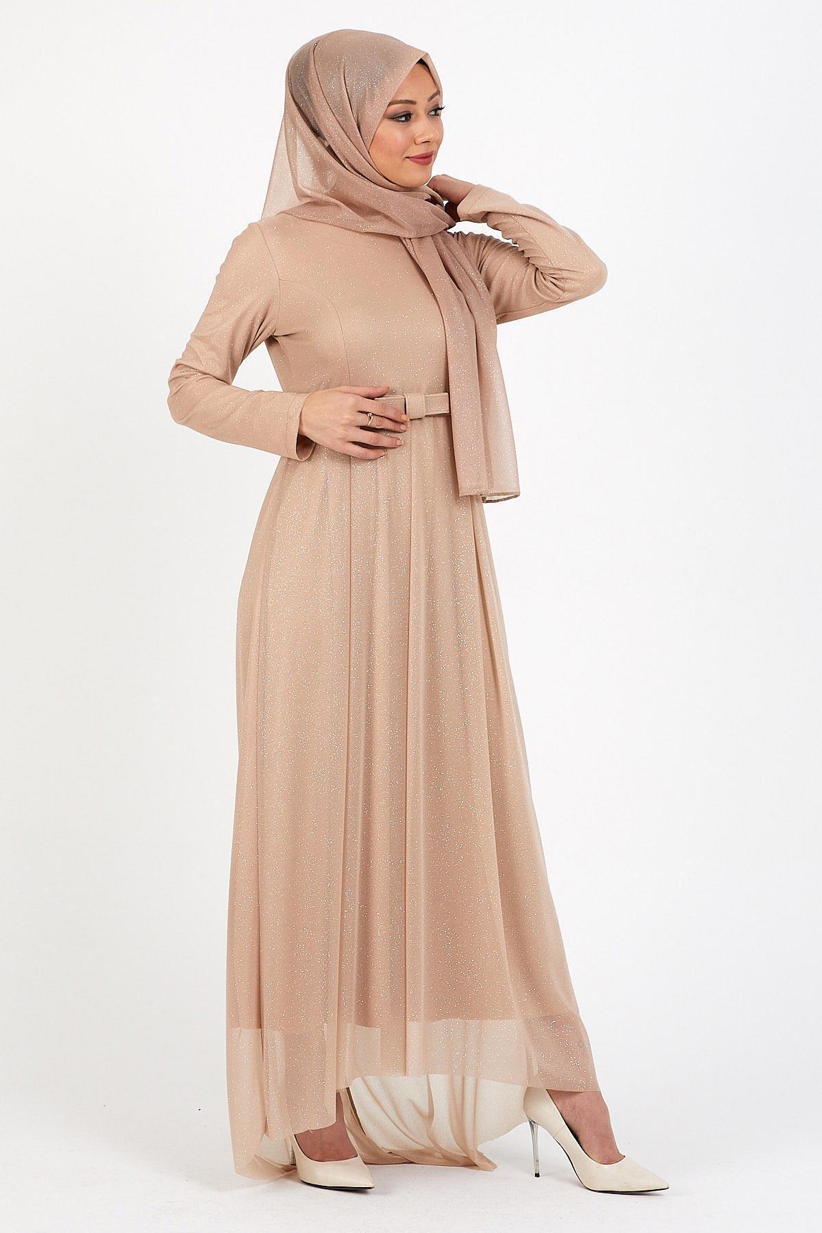 Modamihram-Silvery Pleated Evening Dress Mink 12240 4