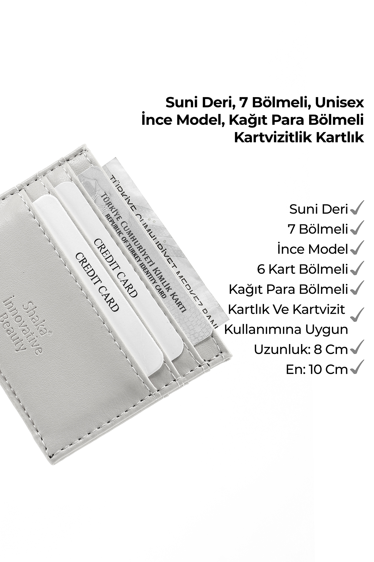 SHAKA Gri SHK68 Unisex Suni Deri Süper İnce Model Kağıt Para Bölmeli Kredi Kartı Ve Kartvizitlik Kartlık C görsel 7