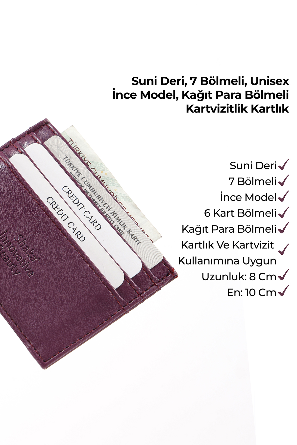 SHAKA Mor SHK68 Unisex Suni Deri Süper İnce Model Kağıt Para Bölmeli Kredi Kartı Ve Kartvizitlik Kartlık C görsel 7