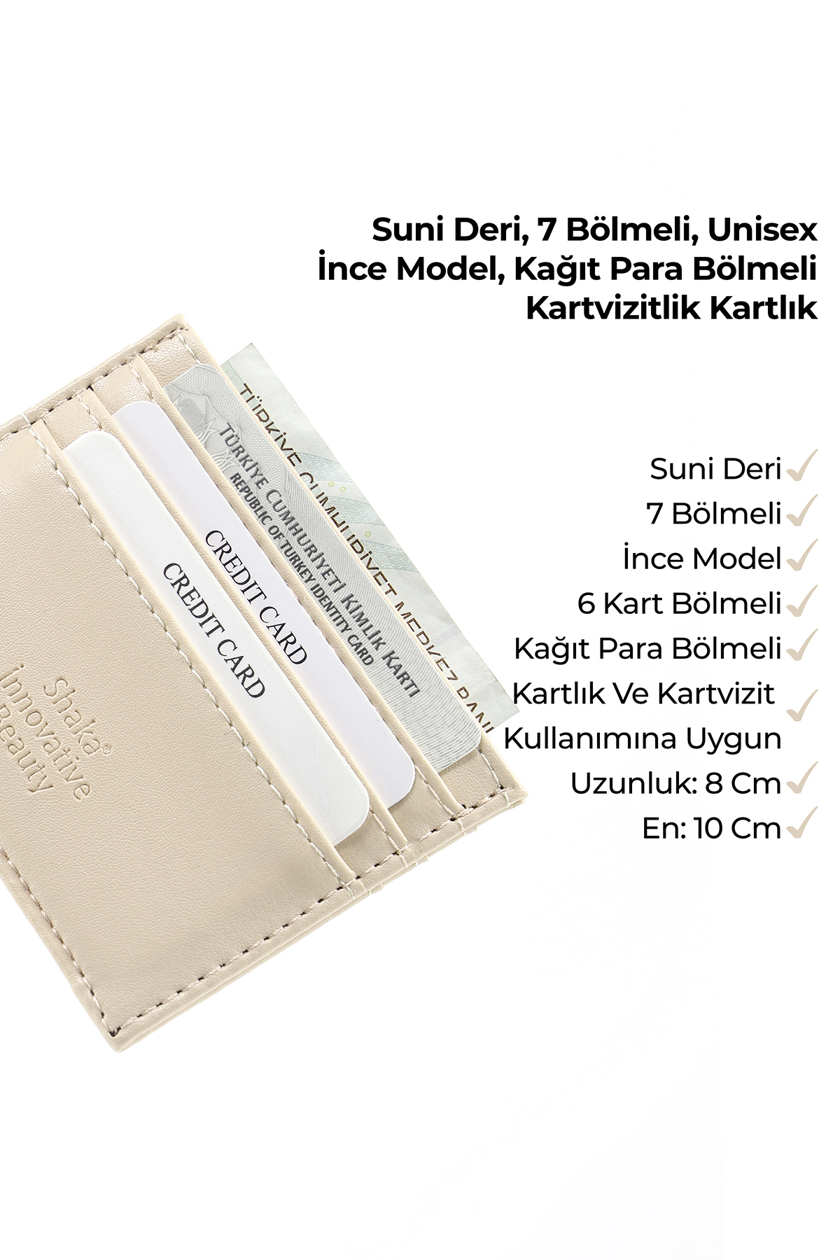 SHAKA Krem SHK68 Unisex Suni Deri Süper İnce Model Kağıt Para Bölmeli Kredi Kartı Ve Kartvizitlik Kartlık görsel 7