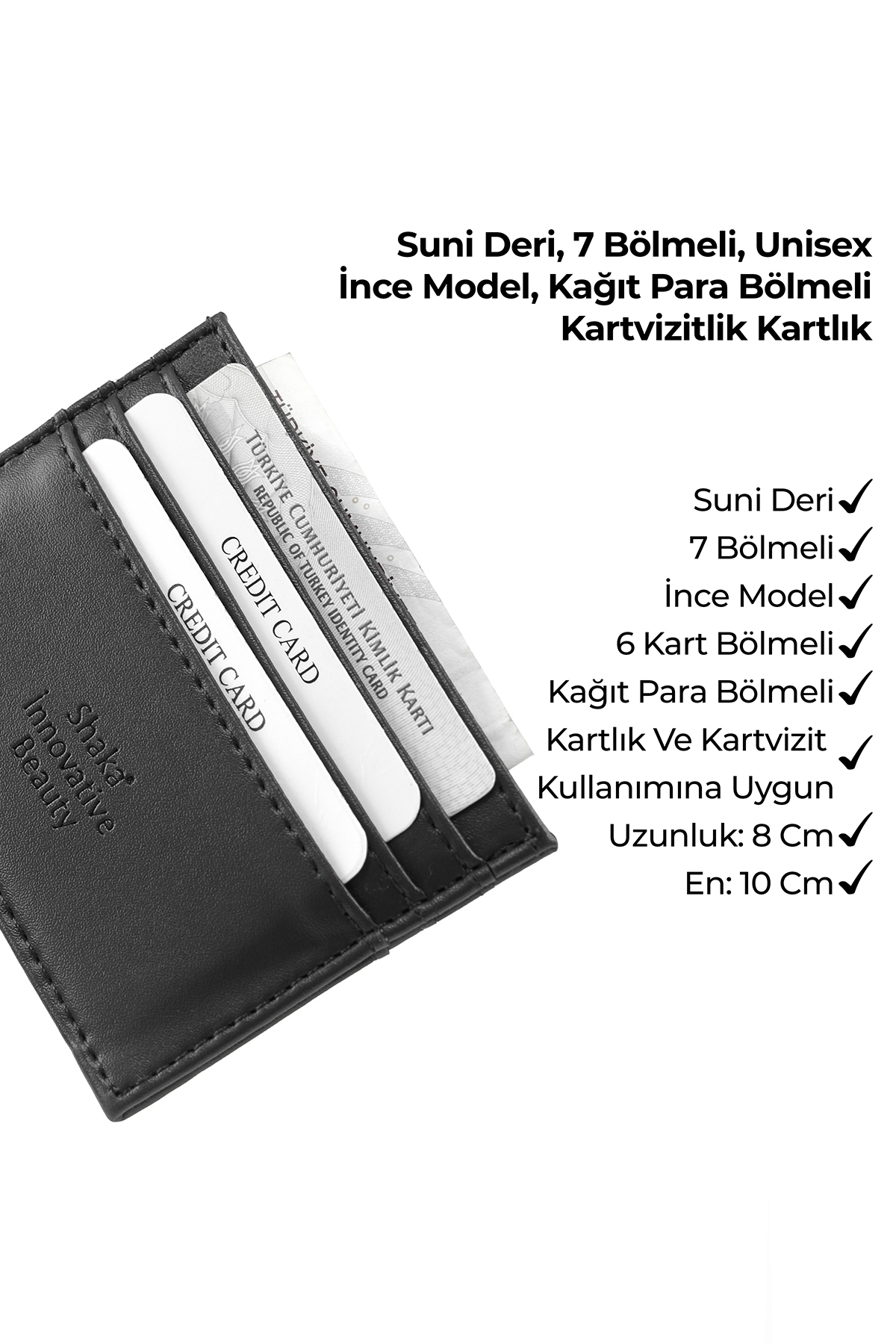 SHAKA Siyah SHK68 Unisex Suni Deri Süper İnce Model Kağıt Para Bölmeli Kredi Kartı Ve Kartvizitlik Kartlık görsel 7