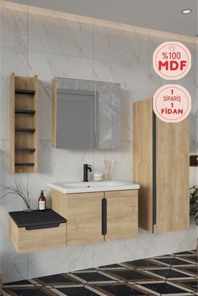 BALNEOM Zakkum 100 Cm %100 Mdf Lavabolu Banyo Dolabı Dolaplı Aynalı Üst Dolap...