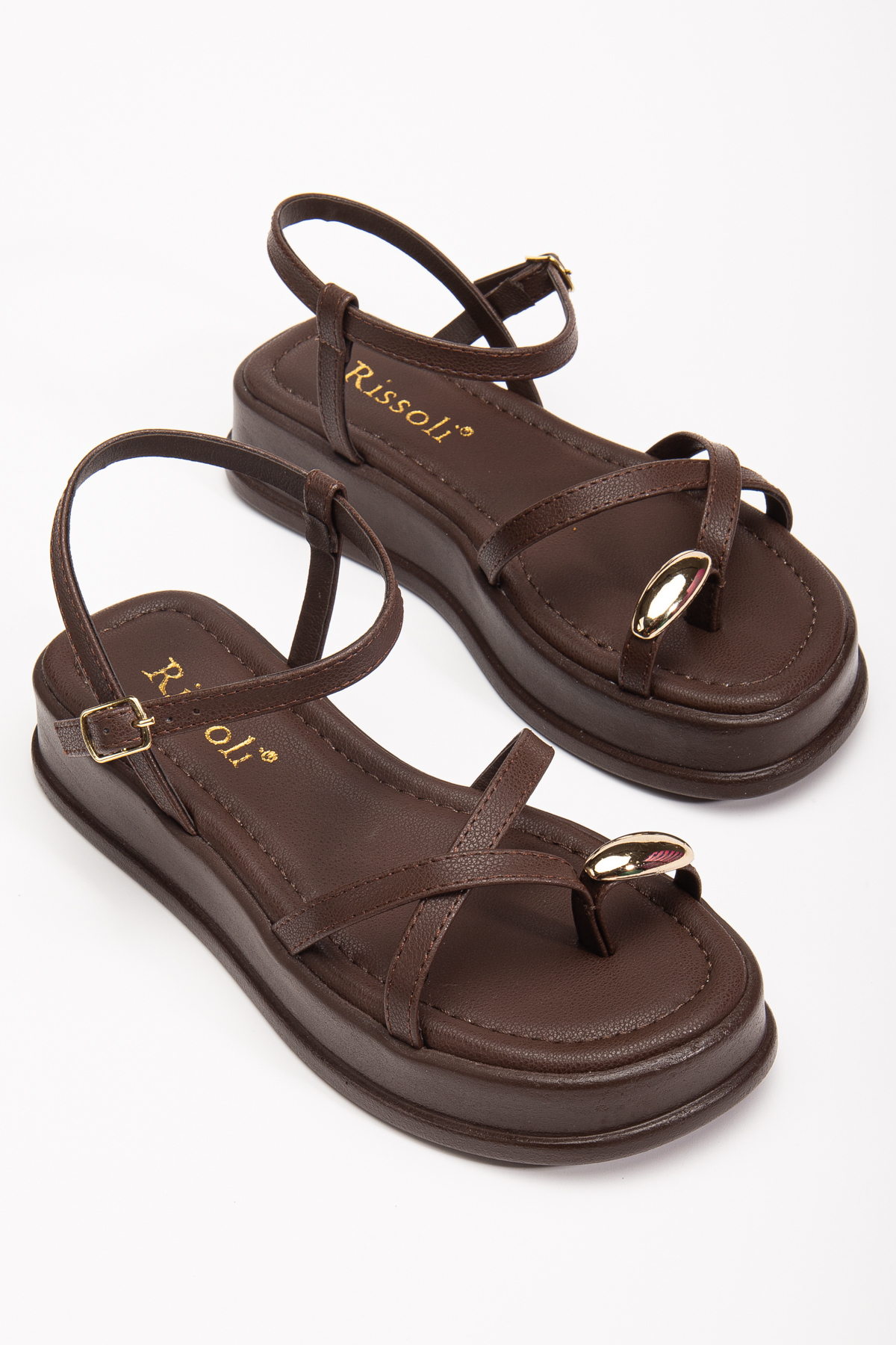 RİSSOLİ  Kadın Acı Kahve Gold Yüzük Detaylı Günlük Ortopedik Sandalet