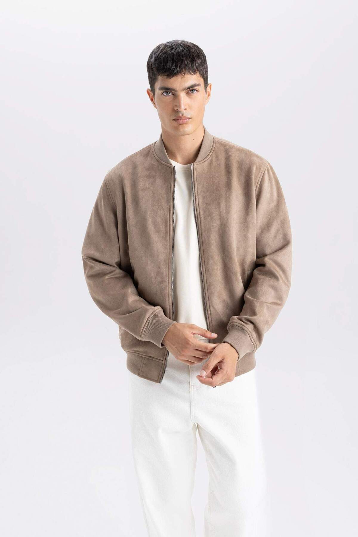 DeFacto-Jachetă Bomber din piele de căprioară, slim fit, cu rever, cu fermoar, buzunare duble, sezonier, ușoară 5