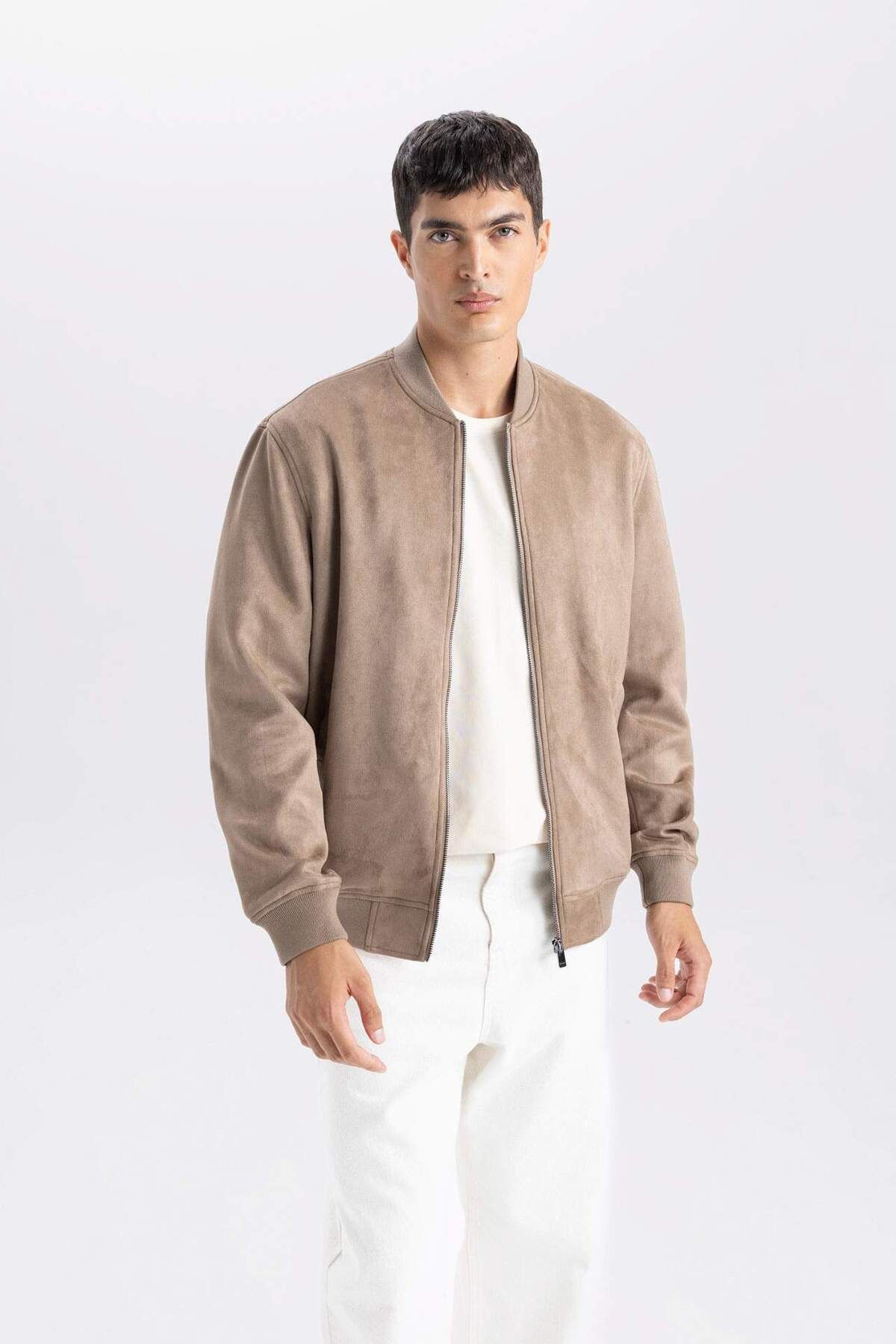 DeFacto-Jachetă Bomber din piele de căprioară, slim fit, cu rever, cu fermoar, buzunare duble, sezonier, ușoară 6