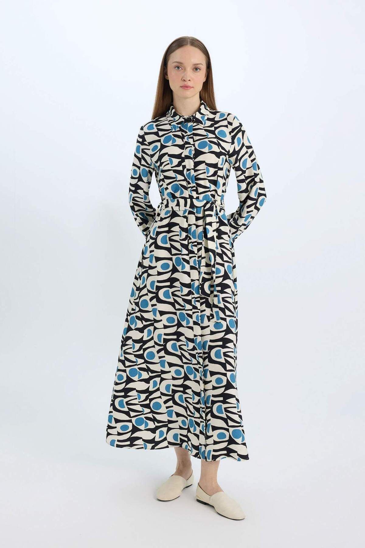 DeFacto-Rochie maxi hijab cu mânecă lungă, cu model de guler de cămașă, cu centură E1266AX25SP 5