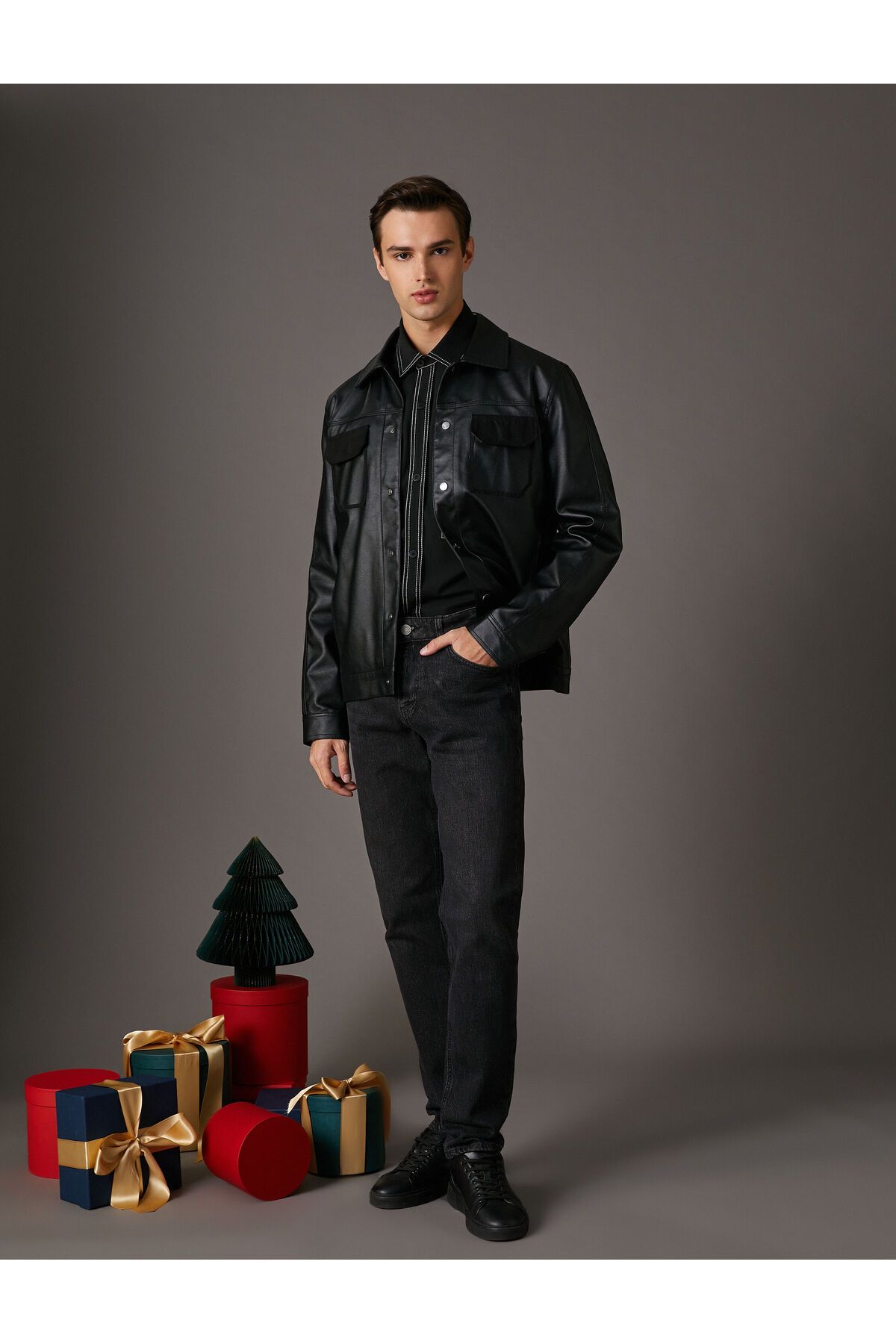 Koton-Leather Look Jacket with Flap Double Pockets Classic Collar with Snap Buttons 3