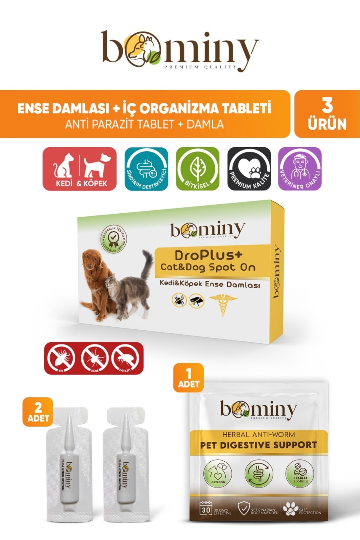 bominy pet Kedi Köpek İç Dış Tüy ve Deri Bakım Damla Tablet 3'LÜ Avantajlı Paket %100 Bitkisel İçerik (PARAZİT