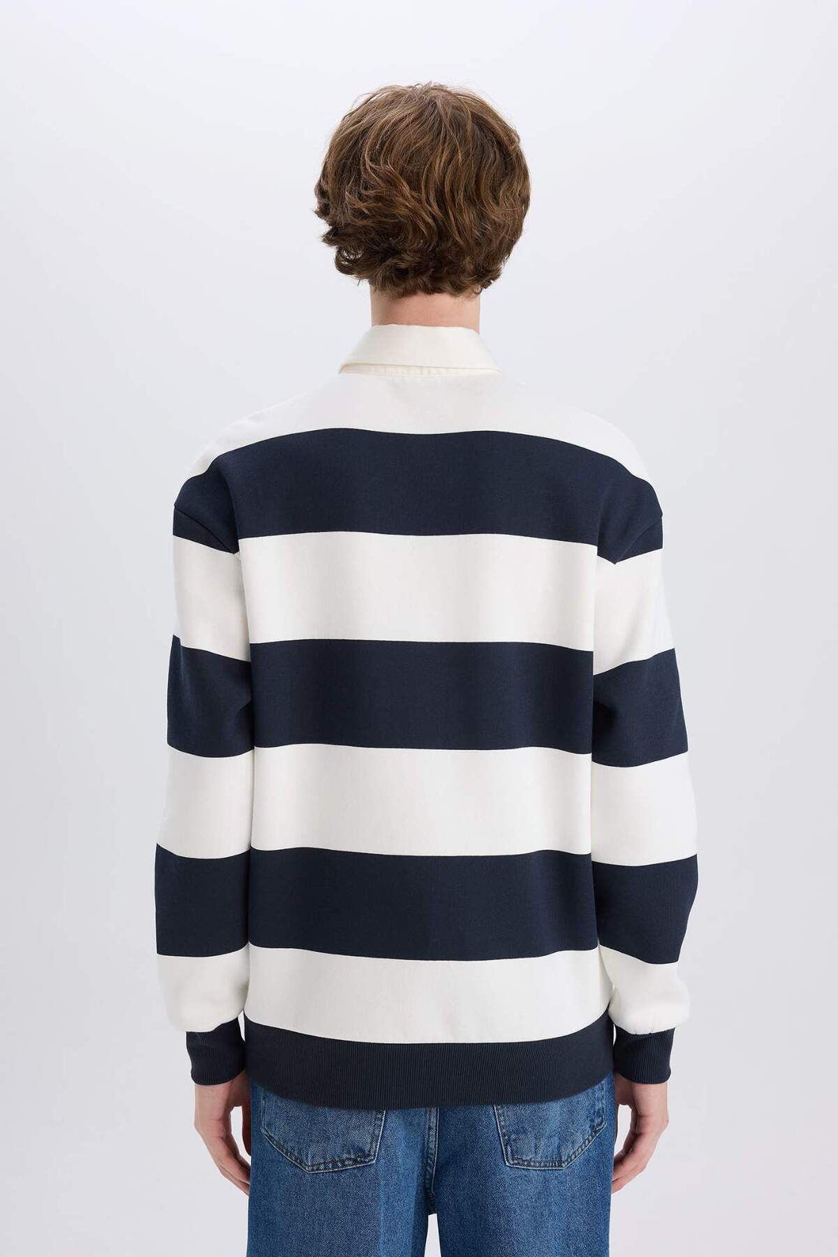 DeFacto-Pruhovaná mikina Boxy Fit Polo Neck D1784AX24WN 6