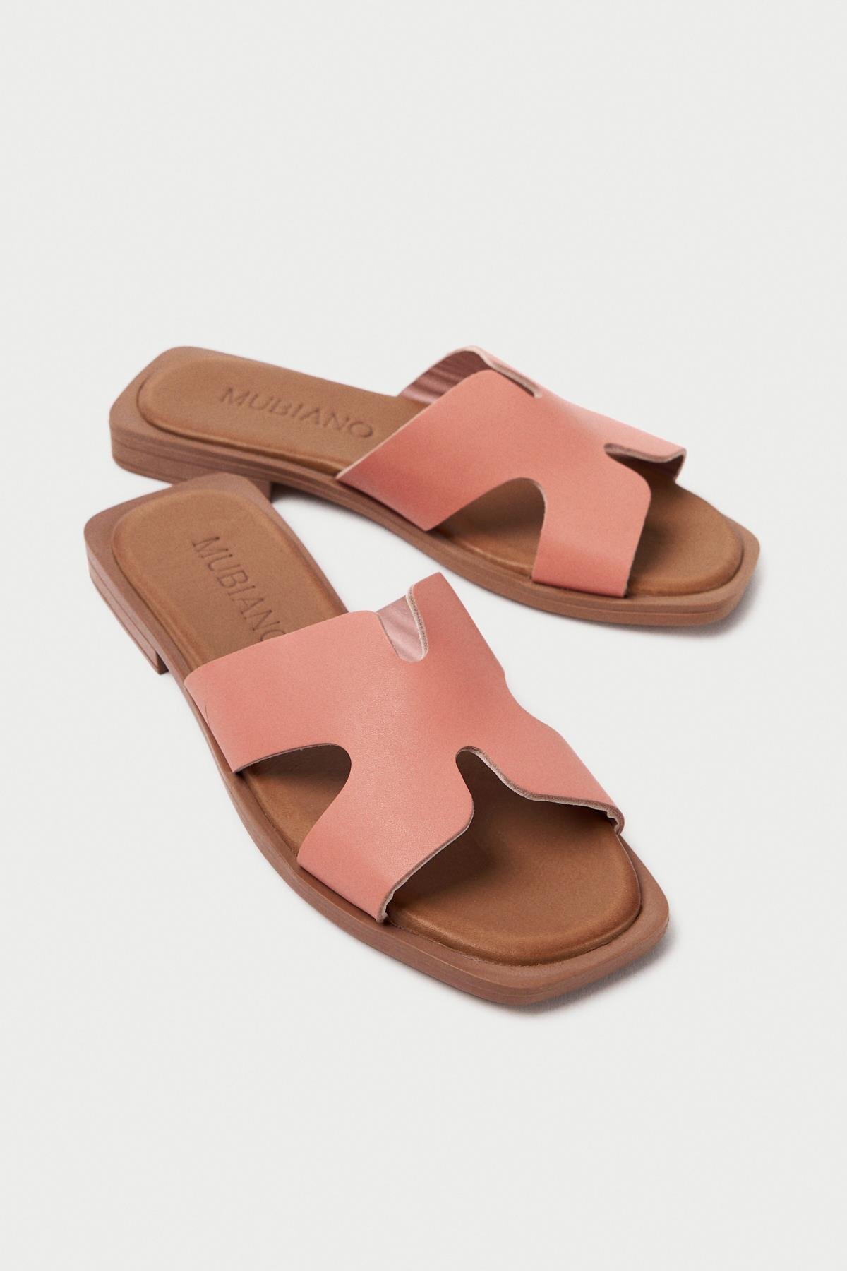 Mubiano Genuine Leather Mbgvn656Pdr Women's Powder Flat Slippers