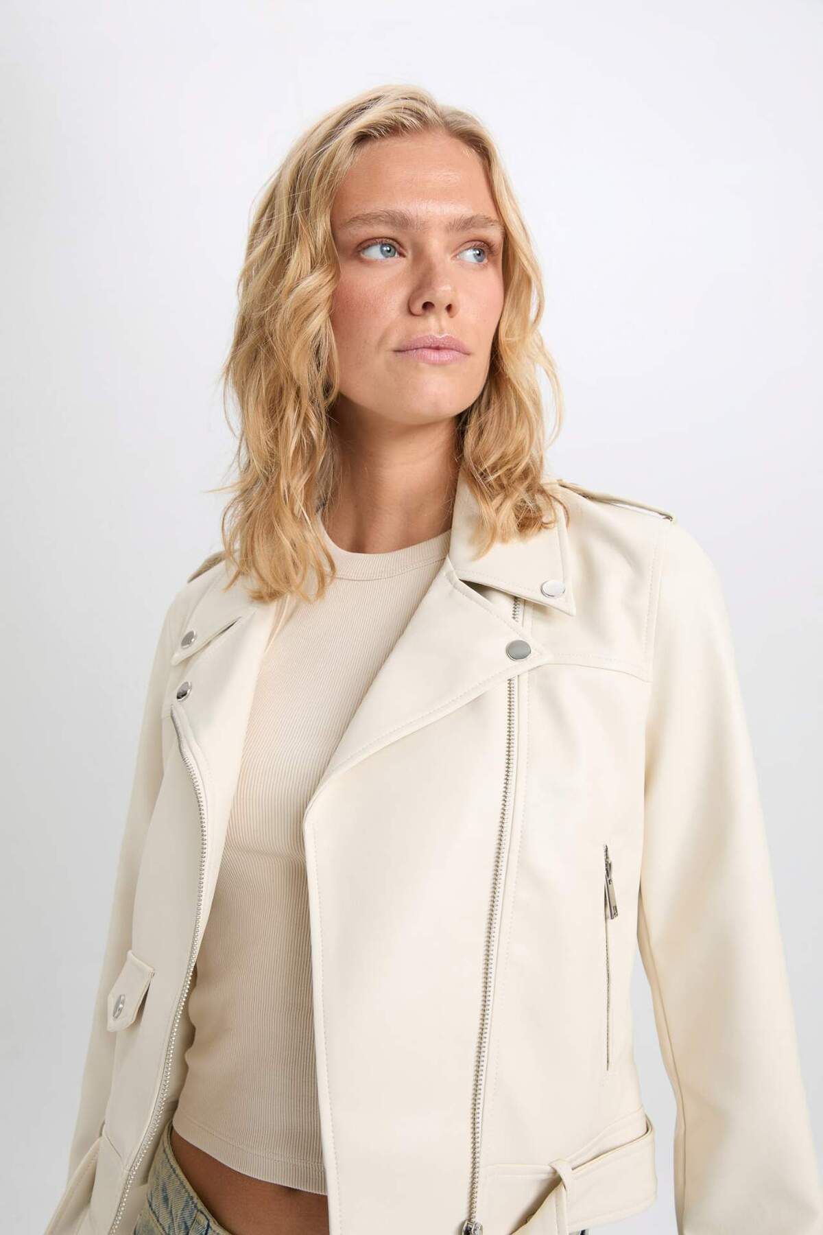 DeFacto-Faux Leather Water Repellent Crop Biker Jacket - Double Breasted Lapel, Zip Pocket, Belt Seasonal Y7168Az25Sp 4