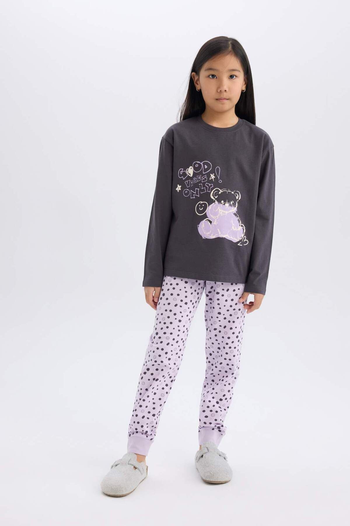 DeFacto-Set pijamale pentru fete - imprimat, mânecă lungă, model cu talie elastică, fund lung E0532a825sp 1