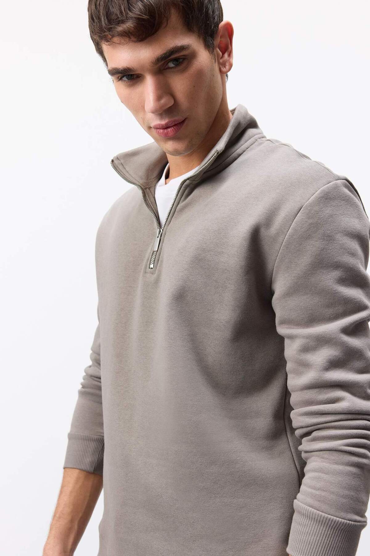 DeFacto-Bequemes, bequemes Sweatshirt mit Reißverschluss und Stehkragen und normaler Passform X7405AZ25SP 1