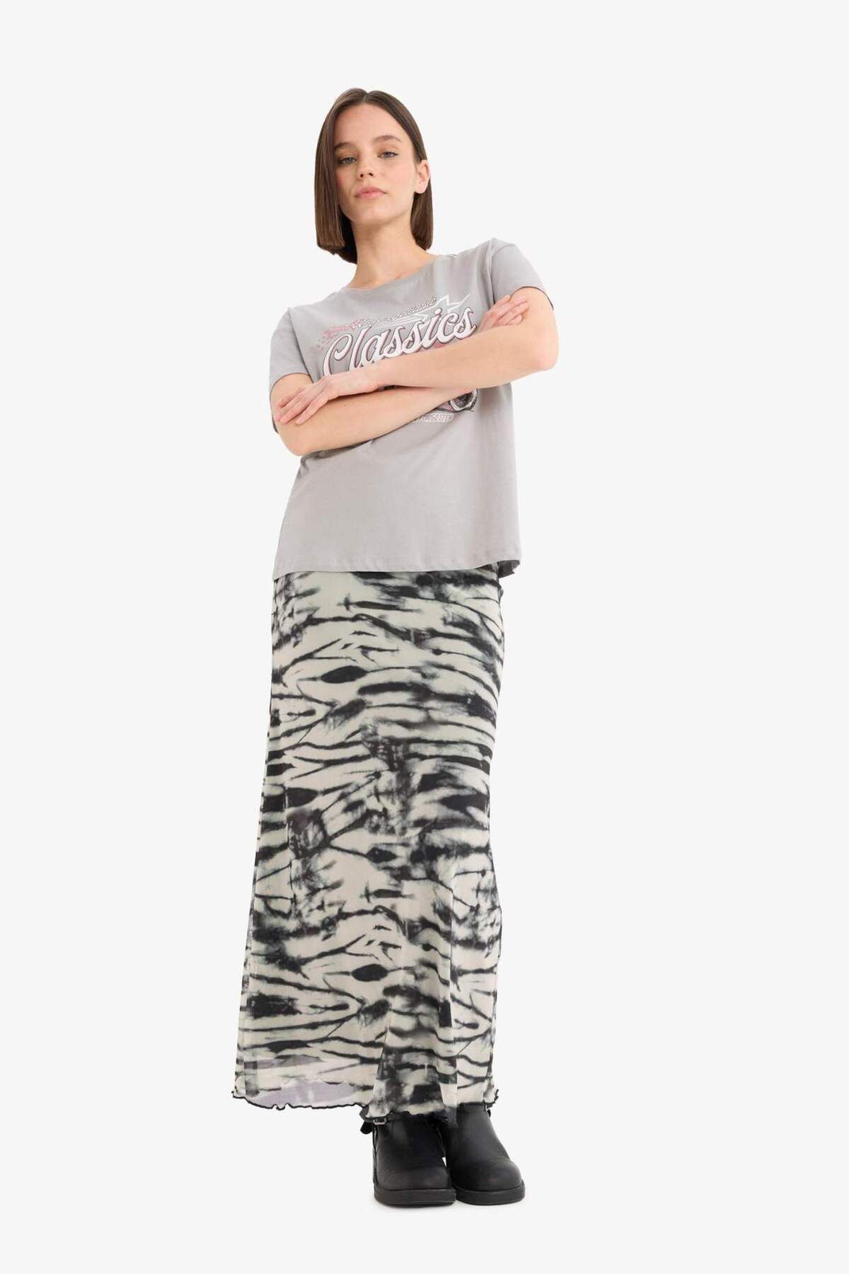 DeFacto-Coool A-Line Print High Waist Combed Cotton Lining Tulle Maxi Skirt D7077Ax25Sp 2
