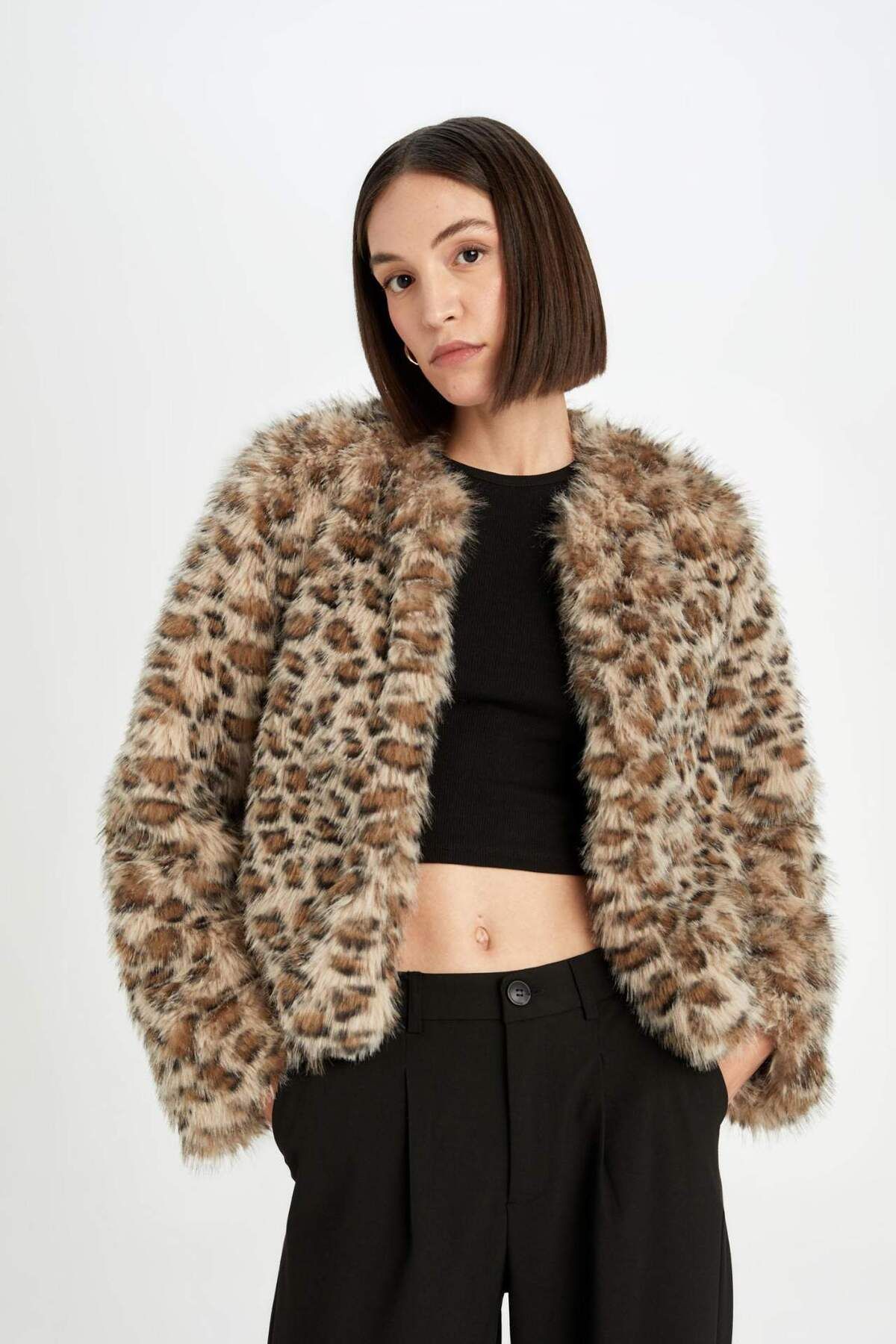DeFacto-Regular Fit Leopard Print Faux Fur Jacket Coat D6650Ax24Wn 4