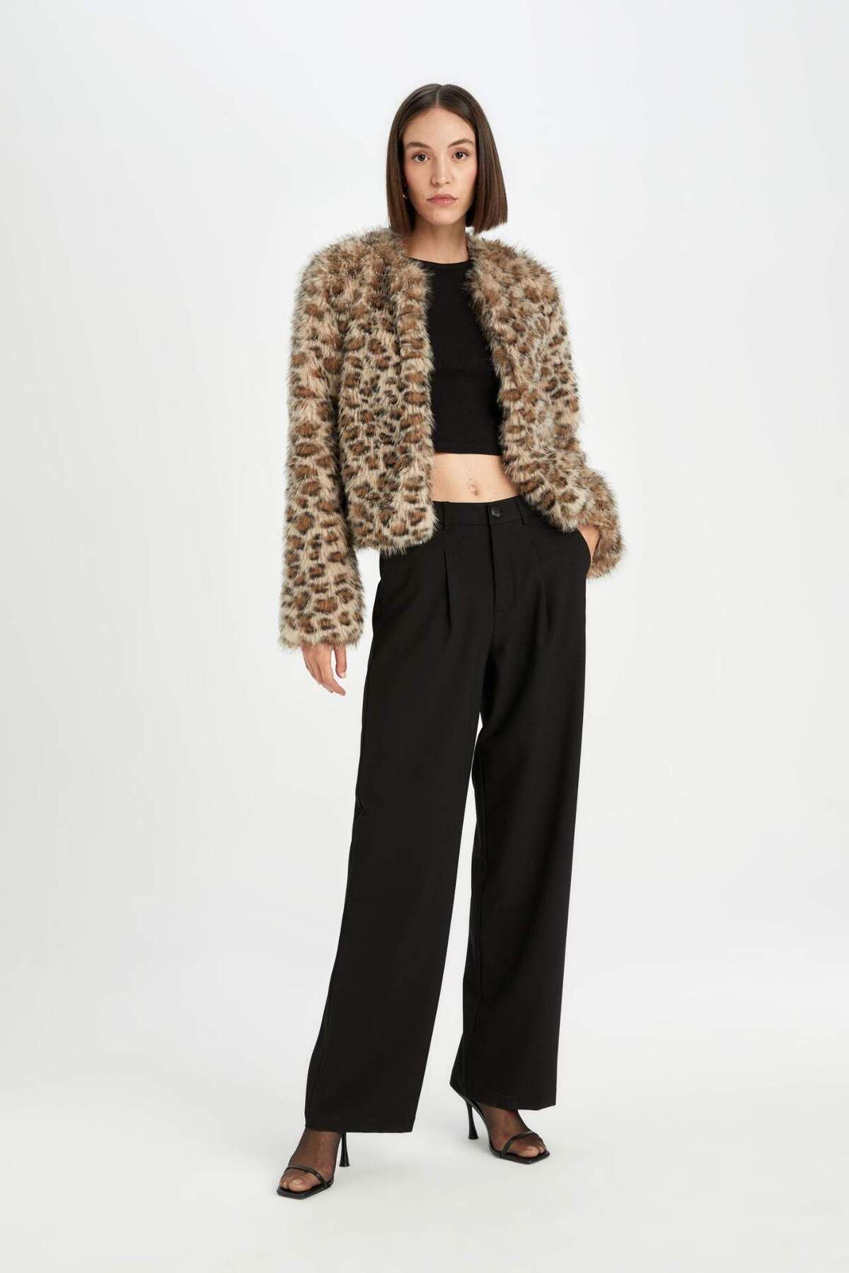 DeFacto-Regular Fit Leopard Print Faux Fur Jacket Coat D6650Ax24Wn 5