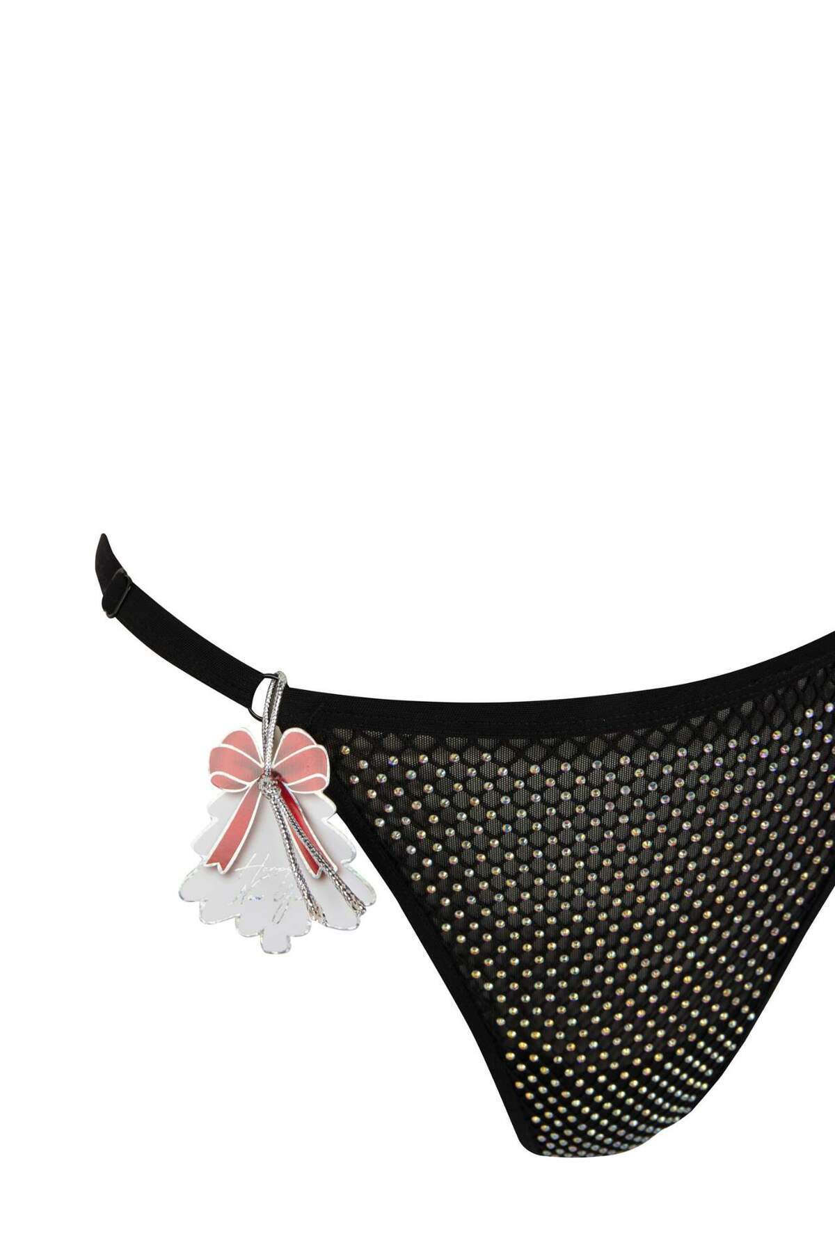 DeFacto-Fall in Love Christmas Themed Glitter Tulle Black Thong D6438Ax24Wn 3