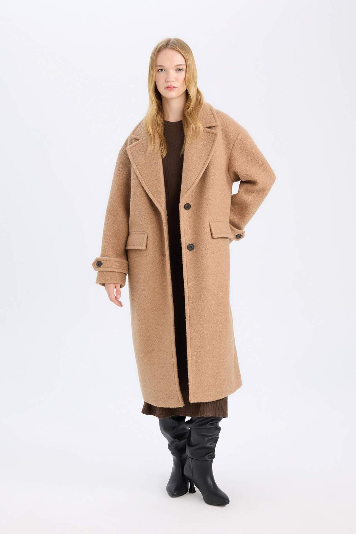 DeFacto-Regular Fit Long Stamp Coat Epaulettes Jacket with Lapel Pockets Button D4016Ax24Wn 7