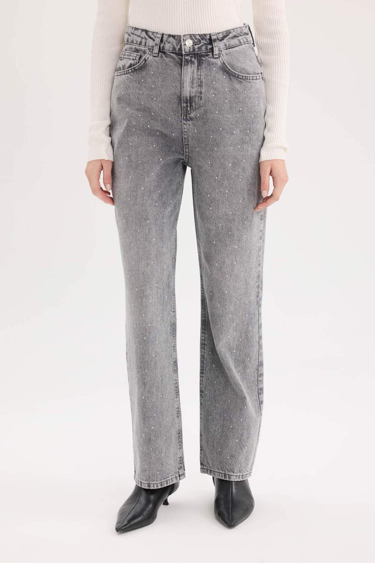 Straight Fit Yüksek Bel Bilek Boy Taşlı Jean Yıkamalı Pantolon E0777ax24cw