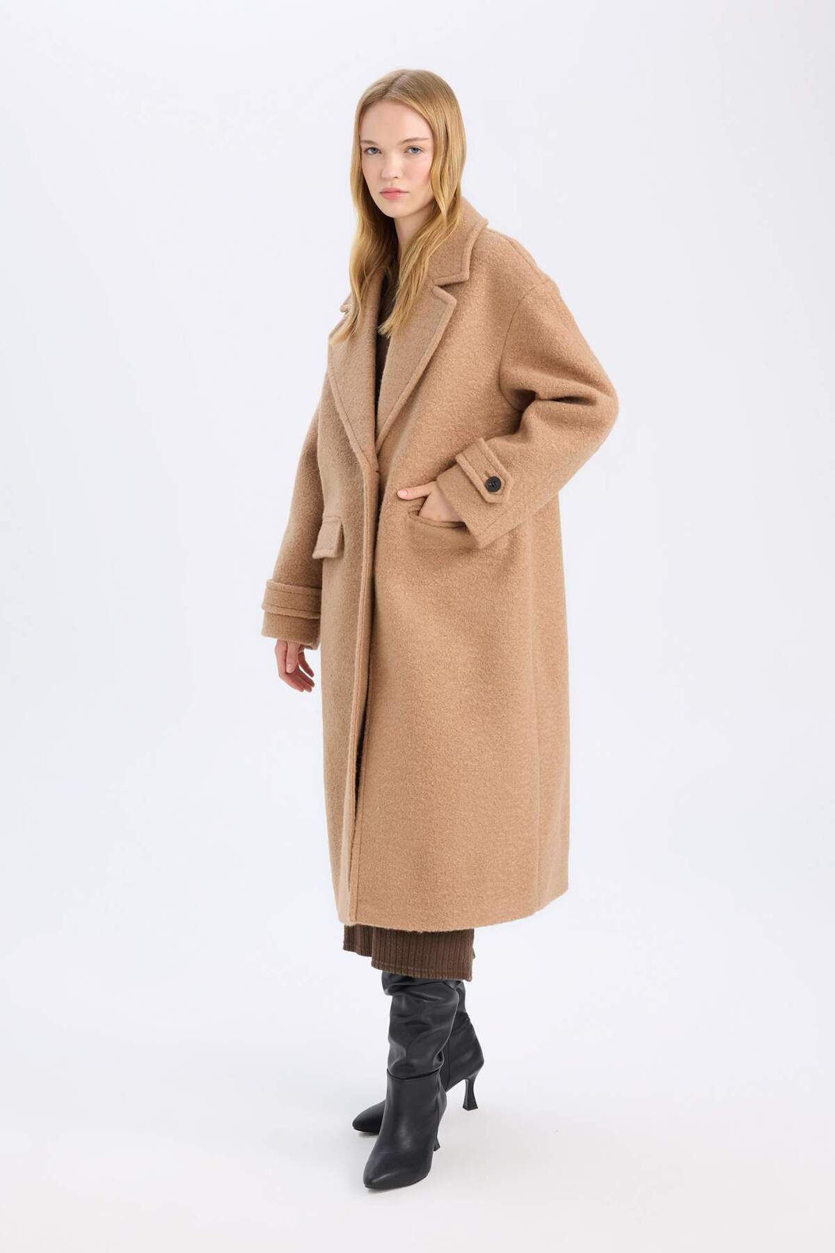 DeFacto-Regular Fit Long Stamp Coat Epaulettes Jacket with Lapel Pockets Button D4016Ax24Wn 2