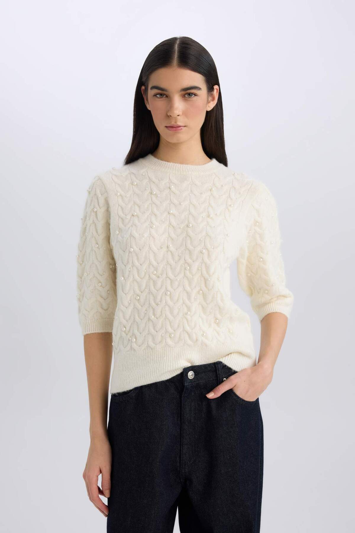 DeFacto-Strickpullover mit Rundhalsausschnitt und halben Ärmeln – normale Passform D6205AX24WN 3