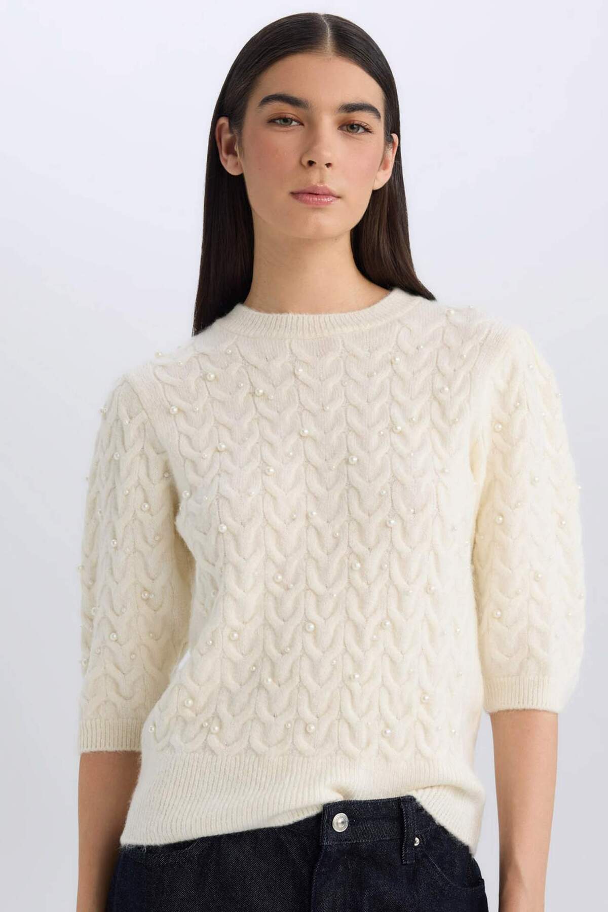 DeFacto-Strickpullover mit Rundhalsausschnitt und halben Ärmeln – normale Passform D6205AX24WN 1