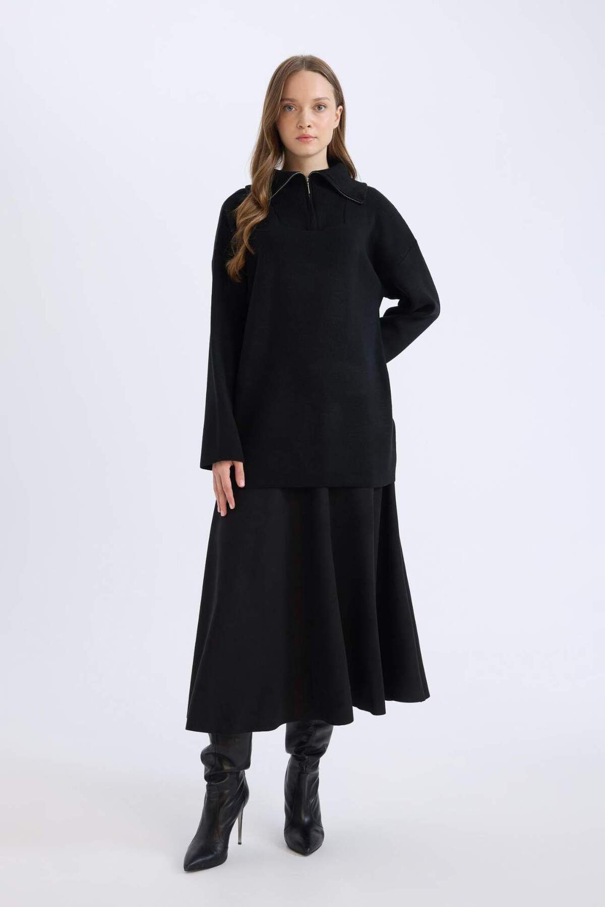DeFacto-A-Line Basic Plain Suede Midi Skirt E5405Ax24Wn 2