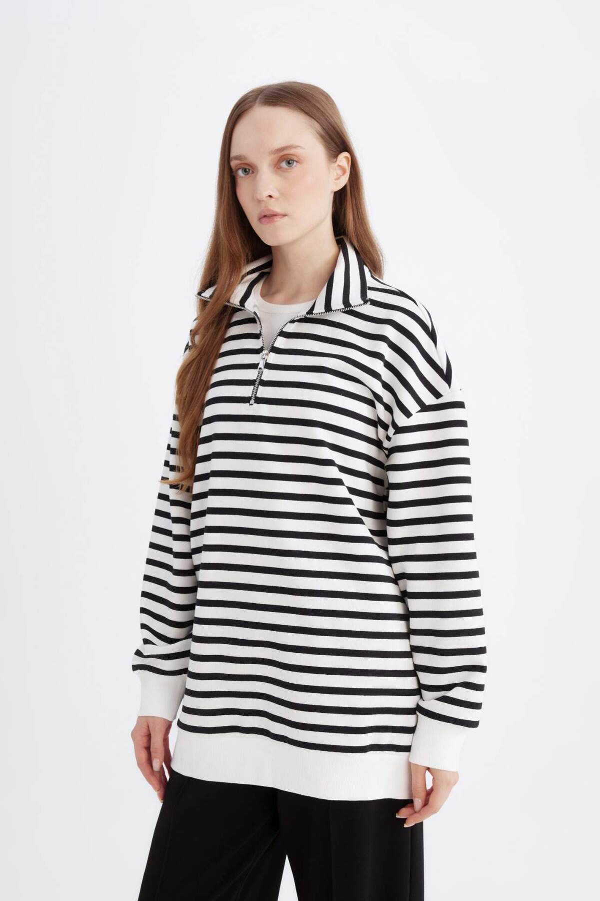 DeFacto-Relax Fit Stehkragen Reißverschluss Gestreift Weiche, flauschige, dicke Sweatshirt-Tunika E0840AX24WN 3