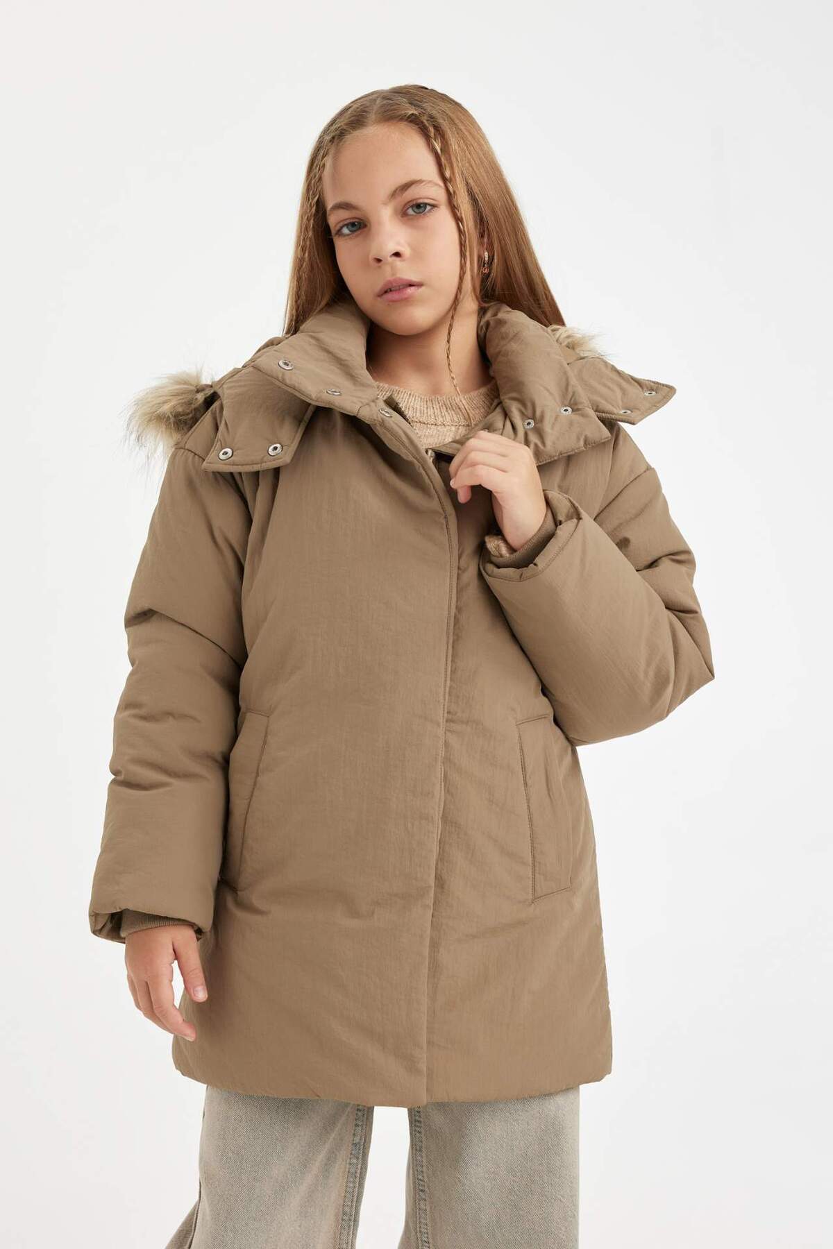 DeFacto-Girl's Removable Faux Fur Collar Hooded Parka C8515A824Au 1