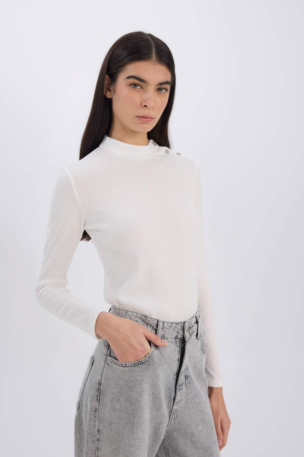 DeFacto-Slim Fit Tight Half Turtleneck Ribbed Camisole Long Sleeve T-Shirt D9499Ax24Wn 3