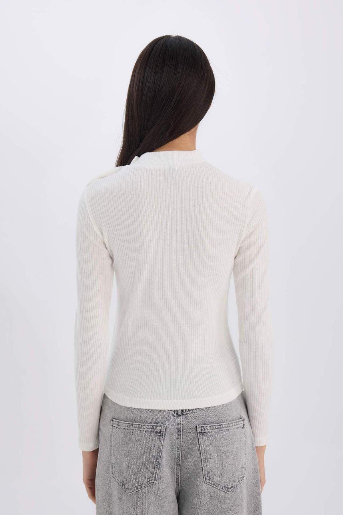 DeFacto-Slim Fit Tight Half Turtleneck Ribbed Camisole Long Sleeve T-Shirt D9499Ax24Wn 6