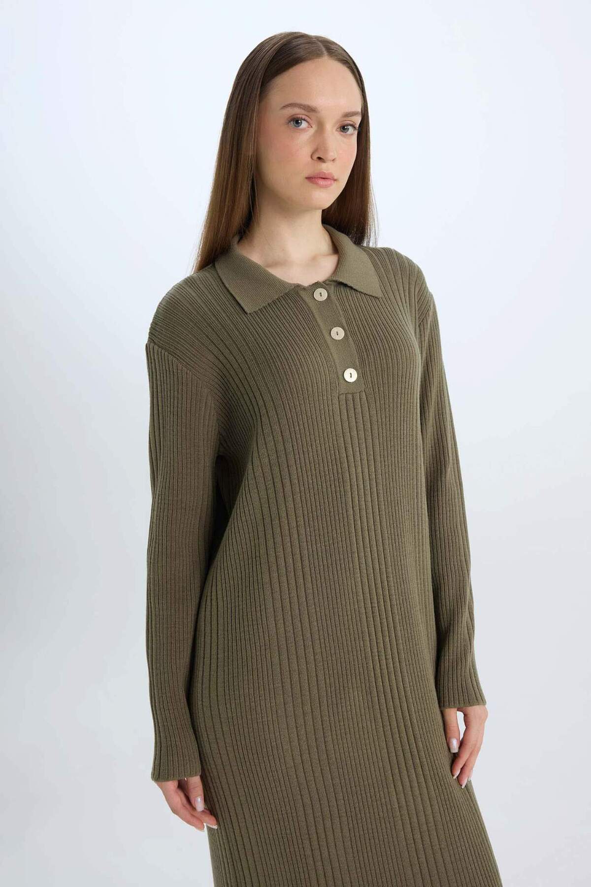 DeFacto-Regular Fit Polo Kragen Basic Plain Maxi Strickkleid D5434AX24WN 3