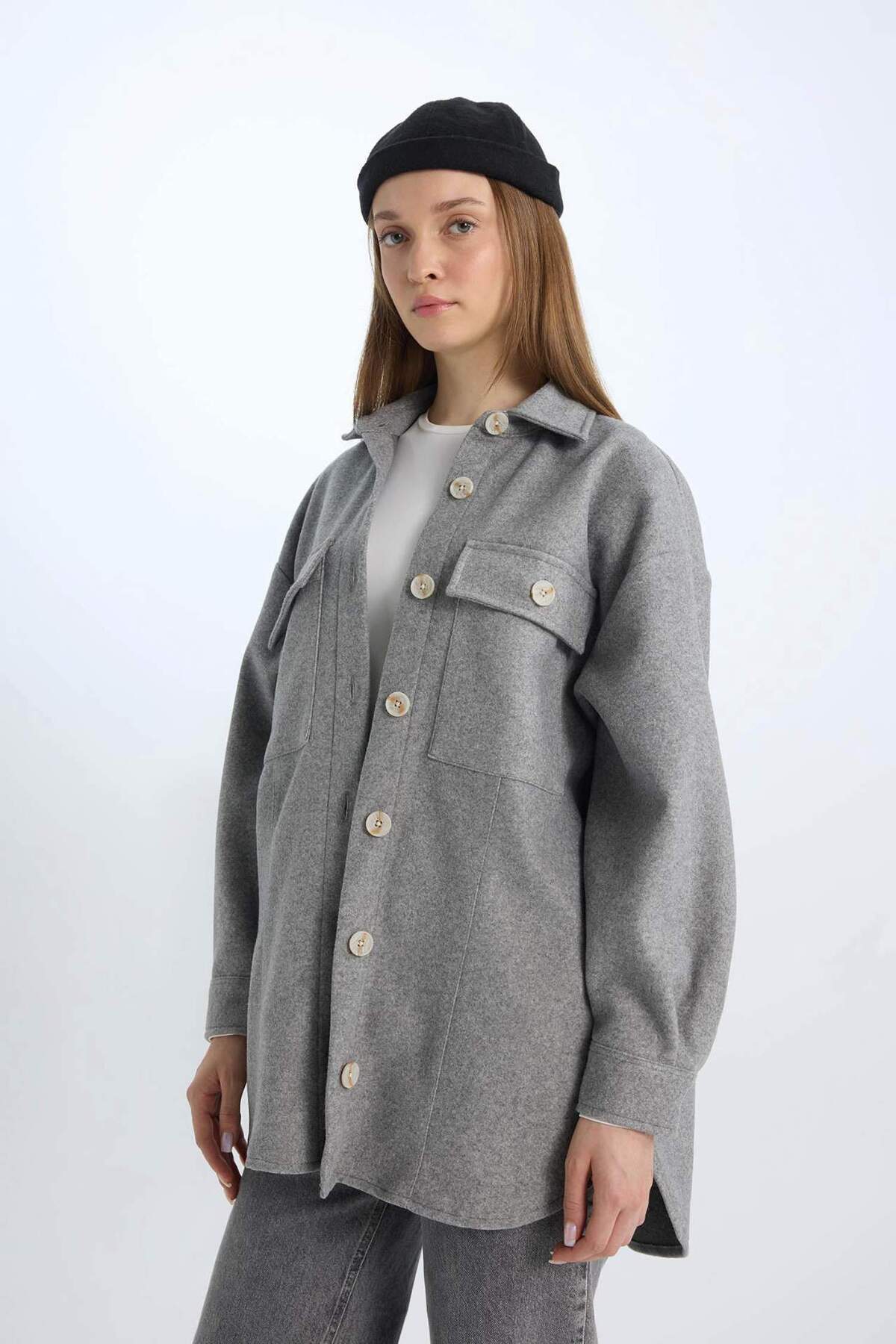 DeFacto-Relax Fit Shirt Collar Pocket Button Shirt Jacket D1302Ax24Wn 4