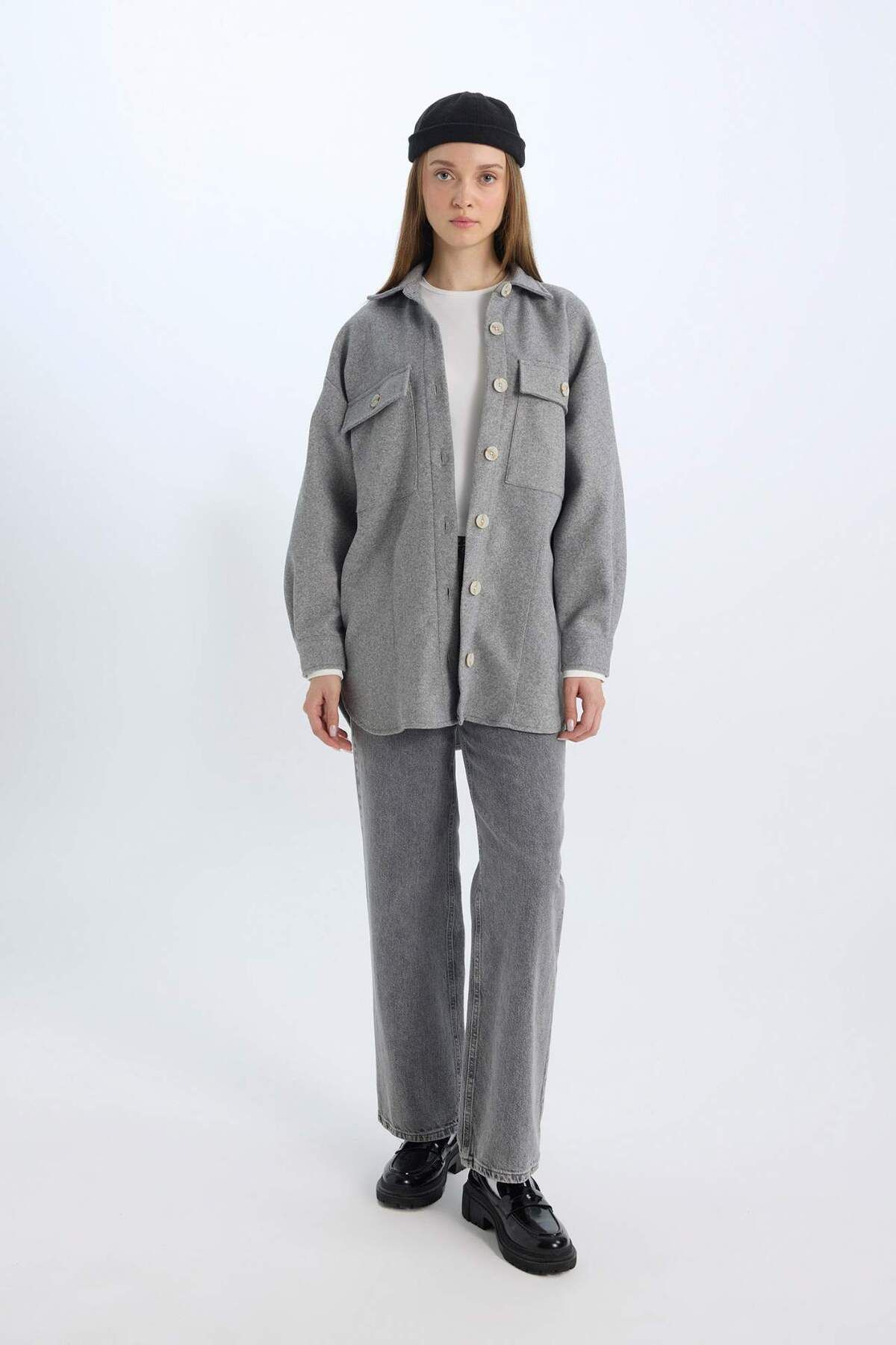 DeFacto-Relax Fit Shirt Collar Pocket Button Shirt Jacket D1302Ax24Wn 2
