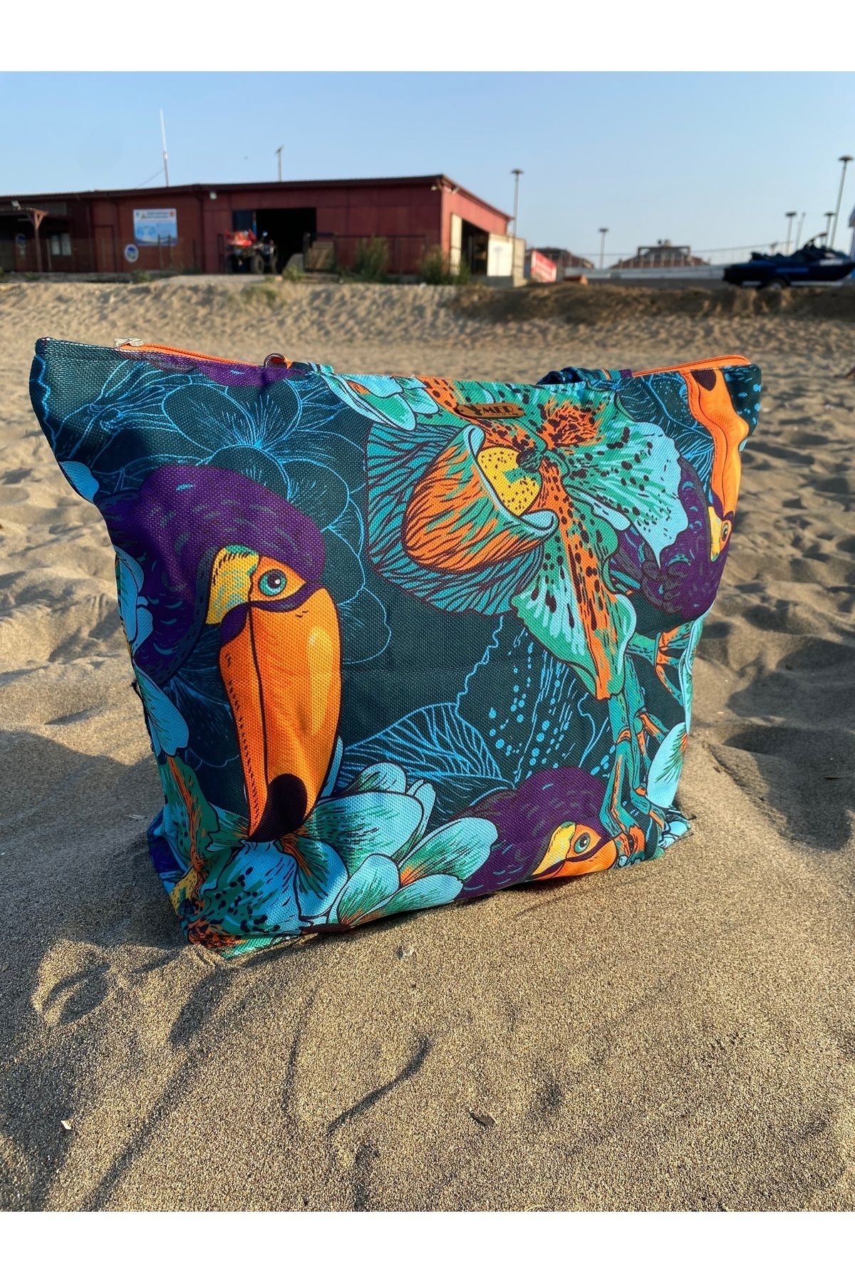 MER HOME-Tropical Patterned Zippered Lined Beach Bag with Toucan Bird Daily Shoulder Bag 4