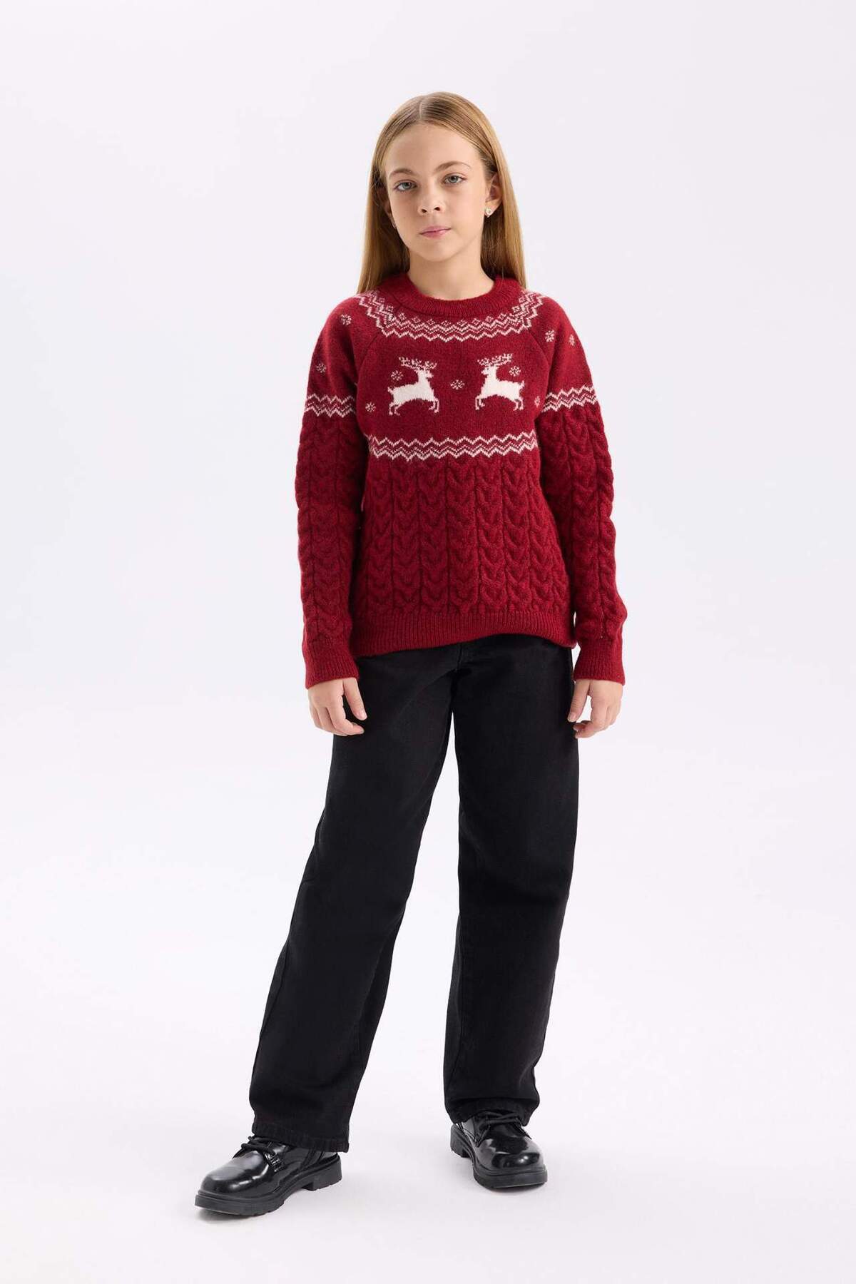 DeFacto-Girl's Crew Neck Christmas Themed Knitwear Sweater D2672A824Wn 4